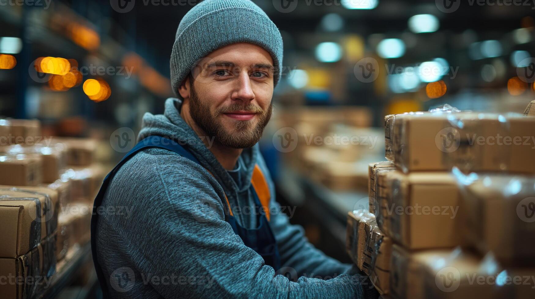 A diligent worker smiles while arranging boxes in a warehouse focused on logistics and inventory management. The environment is busy with sorting and fulfillment activities. photo