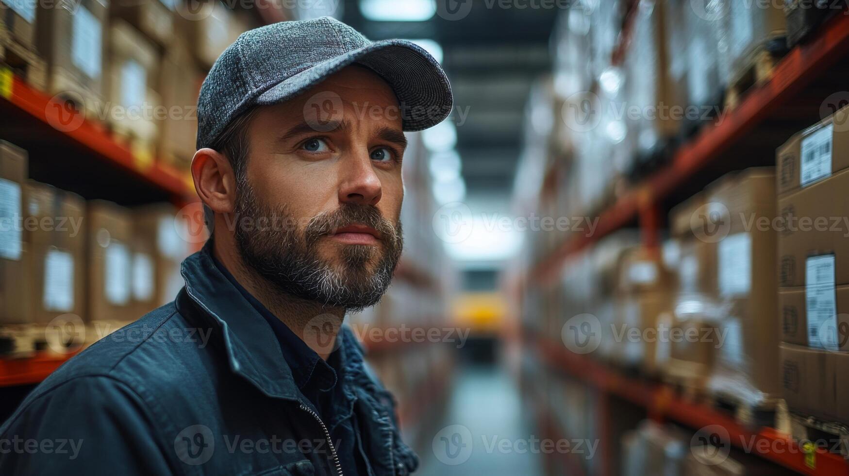 A warehouse employee with a beard and cap is assessing boxes on shelves in a logistics center. The environment is filled with organized inventory ready for distribution. photo