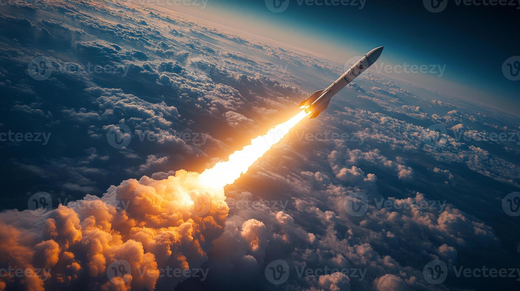 A rocket successfully lifts off into the sky, igniting its powerful engines and leaving behind a trail of smoke and fire as it ascends through cloud layers, aiming for orbit. photo