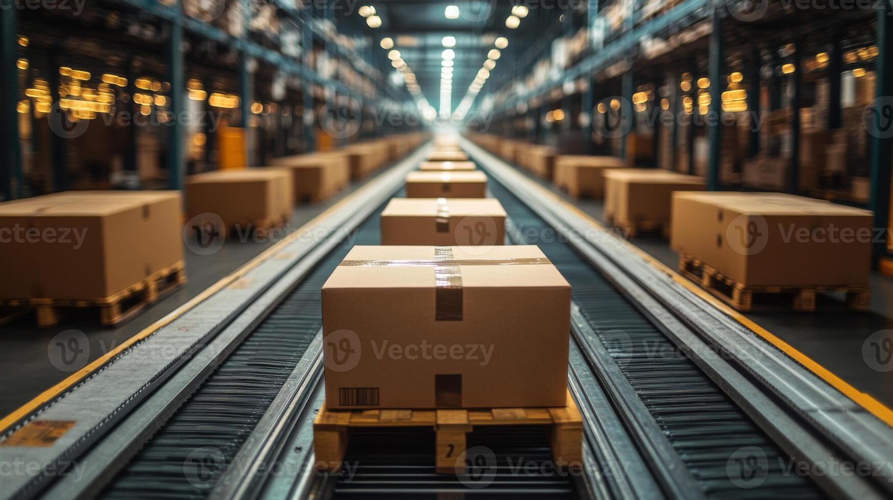 Cardboard boxes are neatly arranged on conveyor belts in a spacious warehouse, as workers manage inventory and ensure efficient processing in the logistics hub. photo