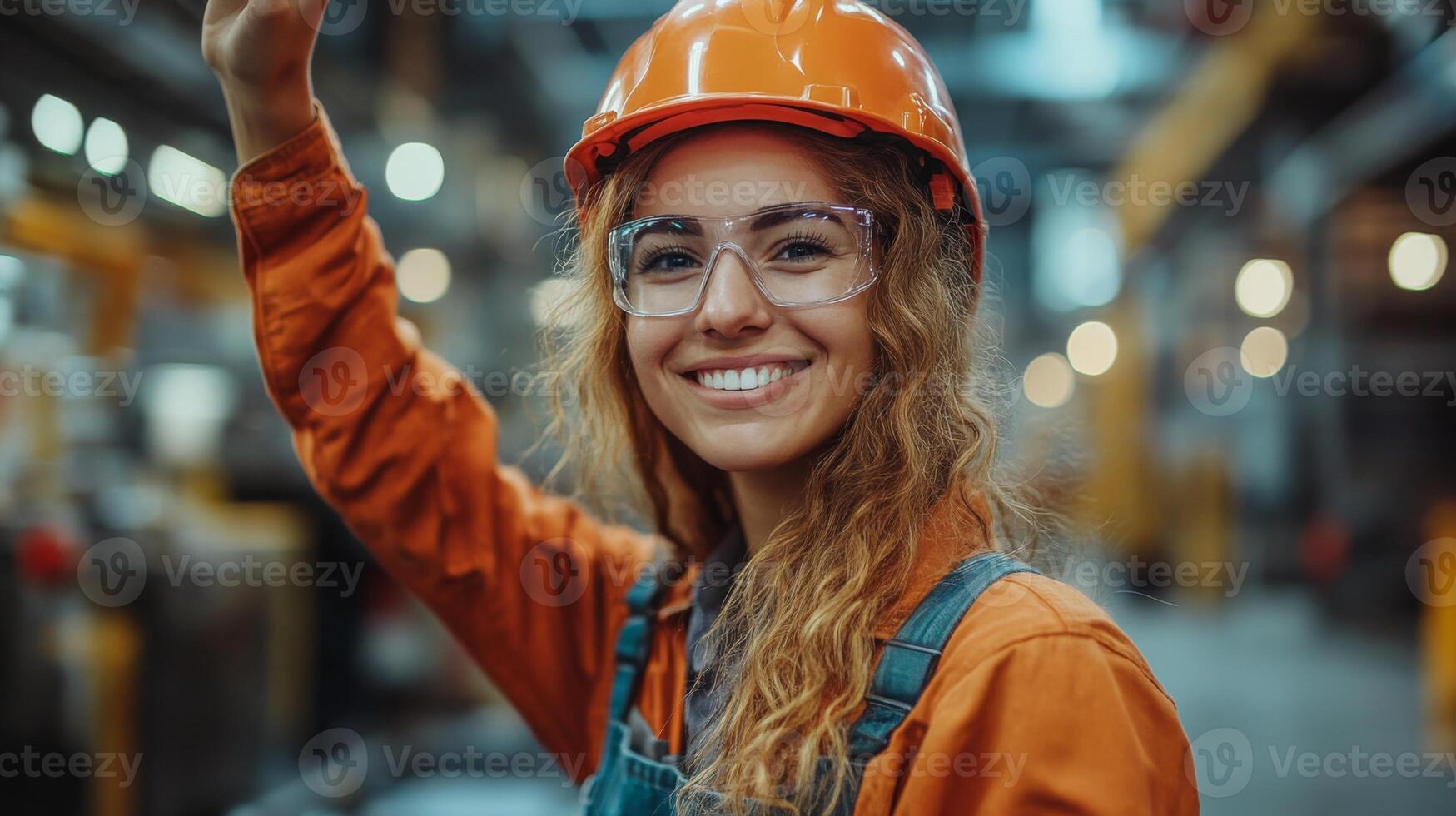 A confident woman in safety glasses and an orange hard hat waves cheerfully while standing in a busy logistics warehouse setting, surrounded by shelves of inventory and equipment. photo