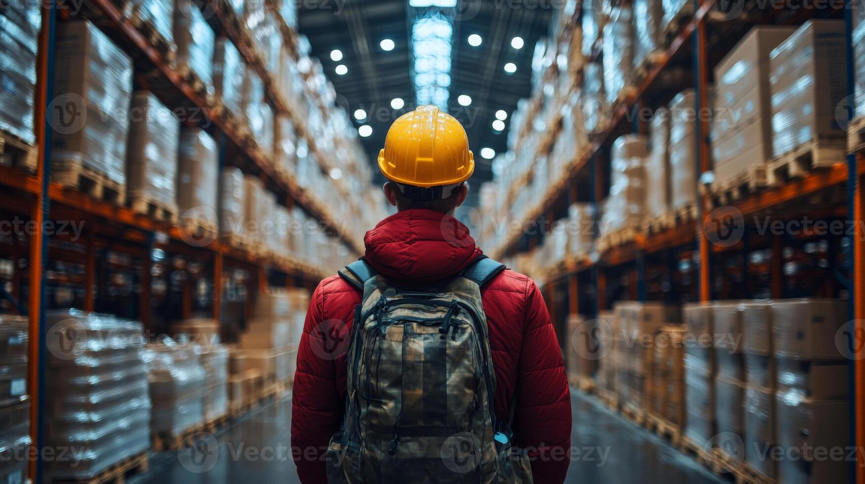 A worker wearing a yellow hard hat stands in a warehouse, observing the tall shelves filled with boxes. The facility is organized for efficient sorting and storage of goods. photo