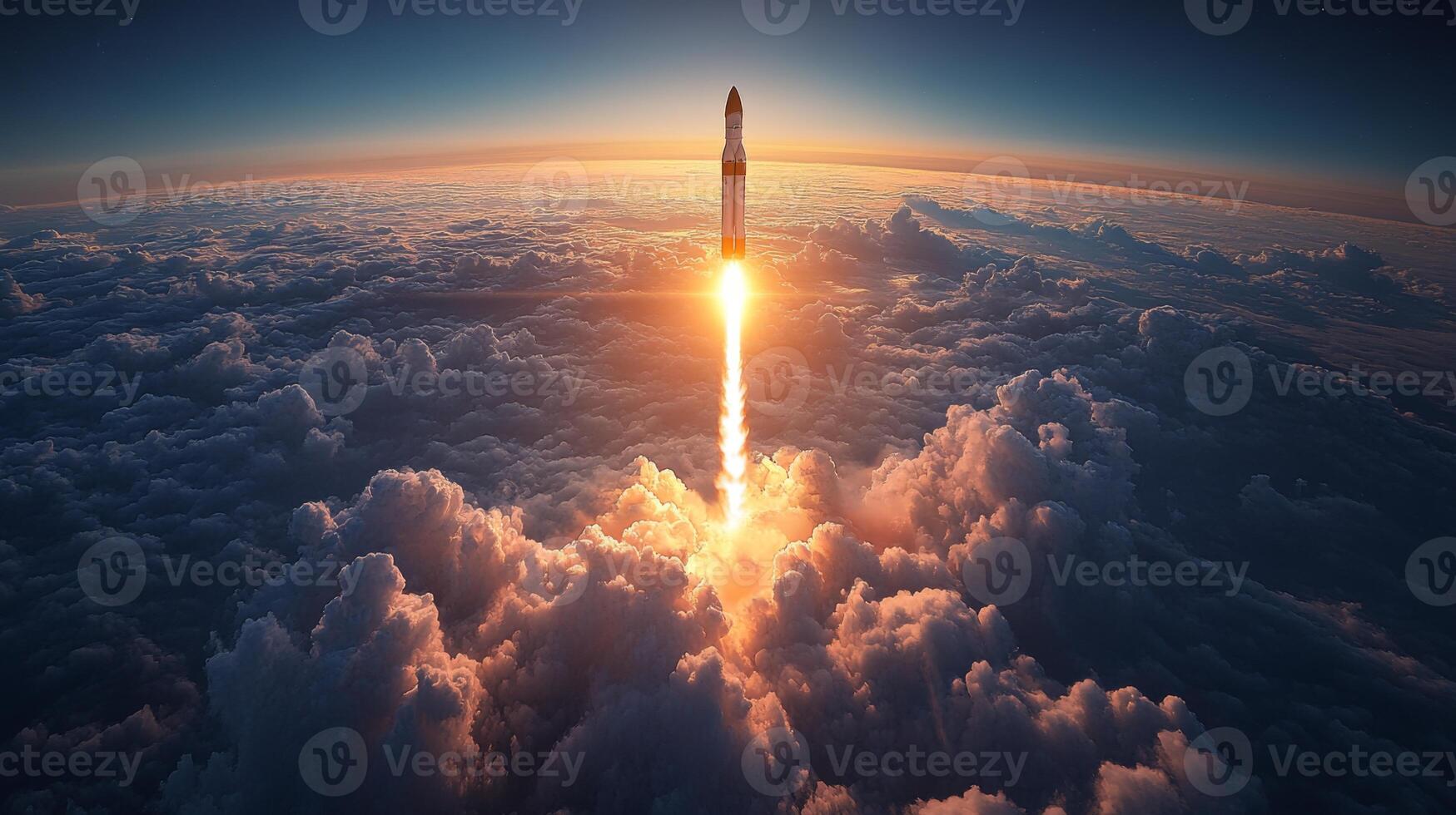 Bright flames erupt as a rocket ascends into the sky, piercing through thick clouds and signaling the beginning of a journey into space during the early morning light. photo