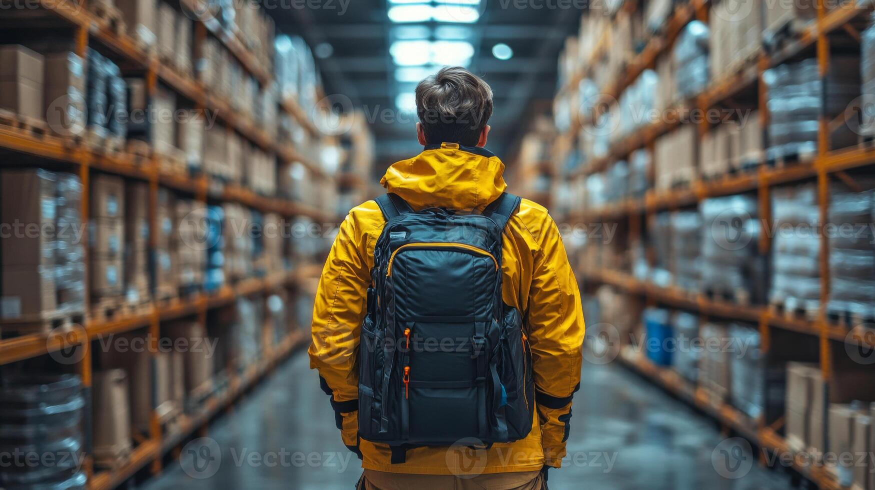 A worker in a yellow jacket stands in a warehouse, looking down a long aisle lined with storage shelves filled with boxes. Activity in the logistics hub is ongoing. photo