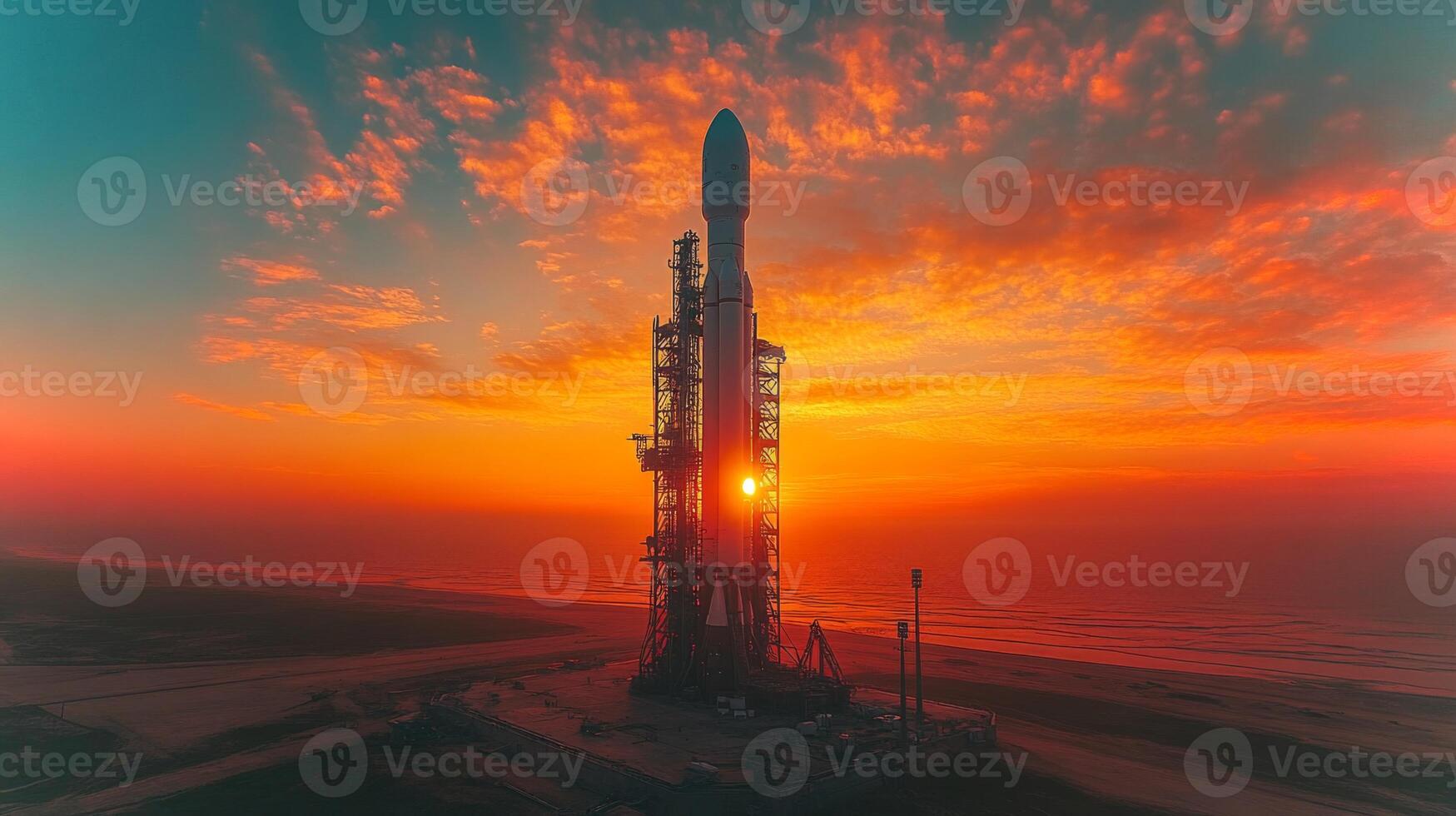 A rocket stands tall on the launch pad against a vibrant sunset sky, preparing for a mission that will take it into orbit. The booster glimmers as the sun sets. photo