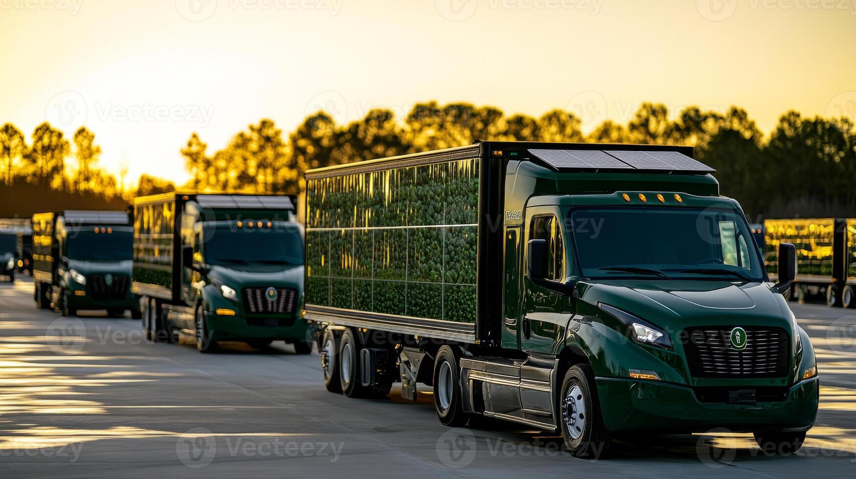Trucks lined up in a logistics warehouse as the sun sets, poised for distribution of freight and inventory to various destinations in a bustling transport network. photo