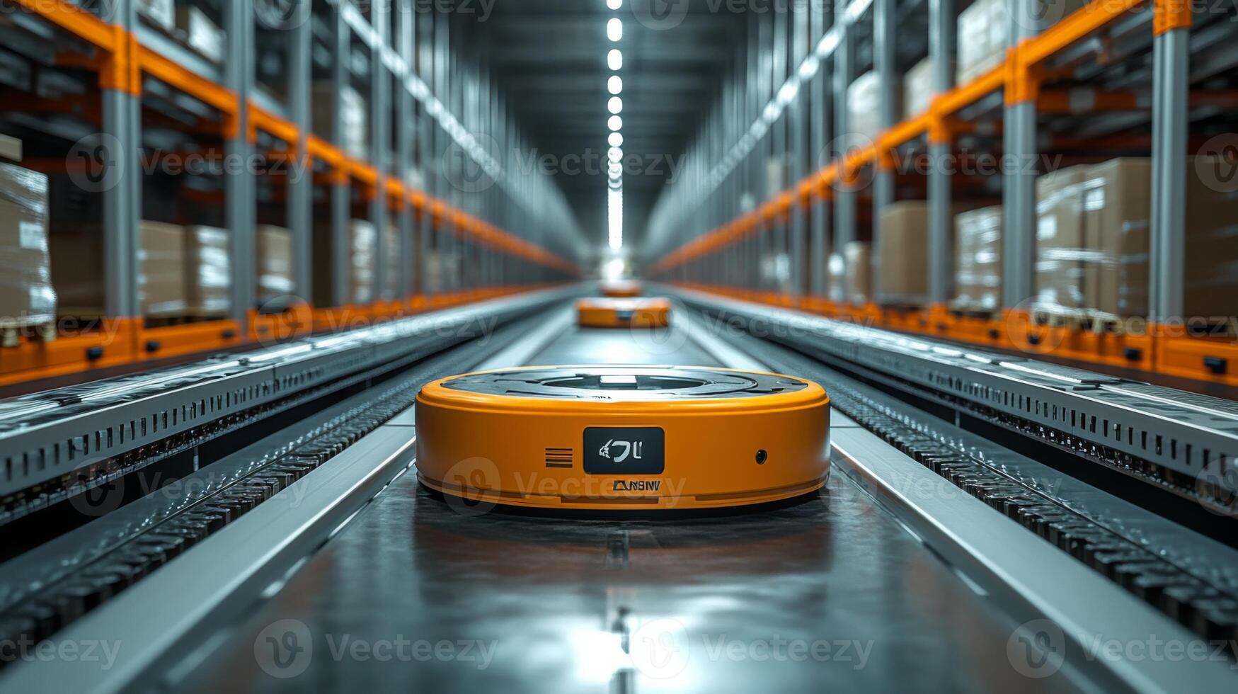 Advanced robotic systems operate within a bustling warehouse, organizing and sorting inventory while optimizing distribution processes in real time. photo