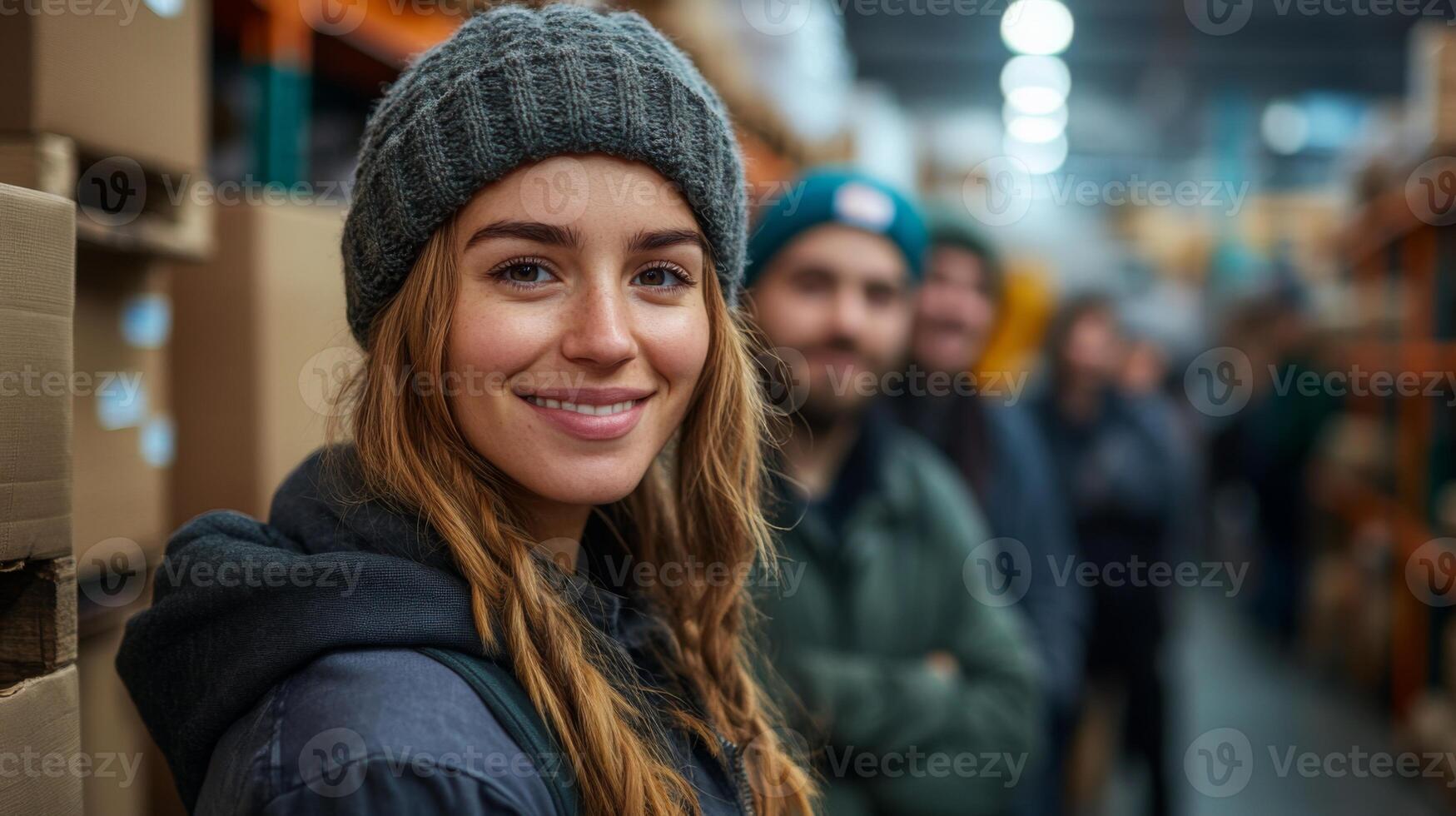 A staff member in a warehouse is smiling while engaged in inventory tasks. Colleagues are visible in the background, contributing to the logistics operations. photo