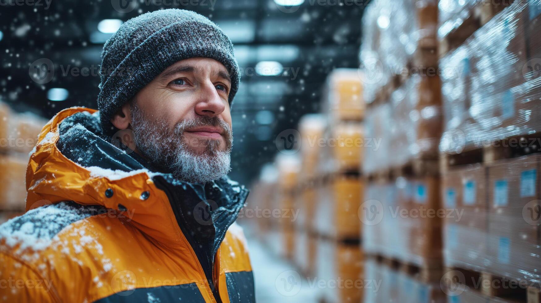 A logistics expert wearing a warm coat monitors inventory in a bustling warehouse as snow falls outside, highlighting the challenges of winter operations. photo