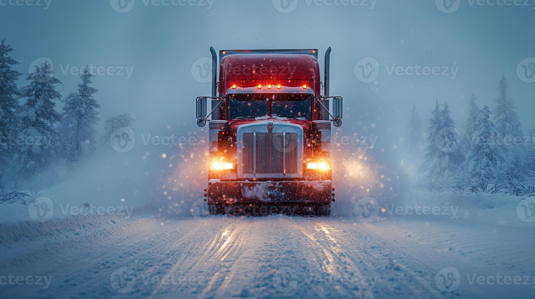 A large red truck navigates a snow covered road, delivering goods amidst falling snowflakes. The scene highlights the challenges of winter logistics and transport. photo