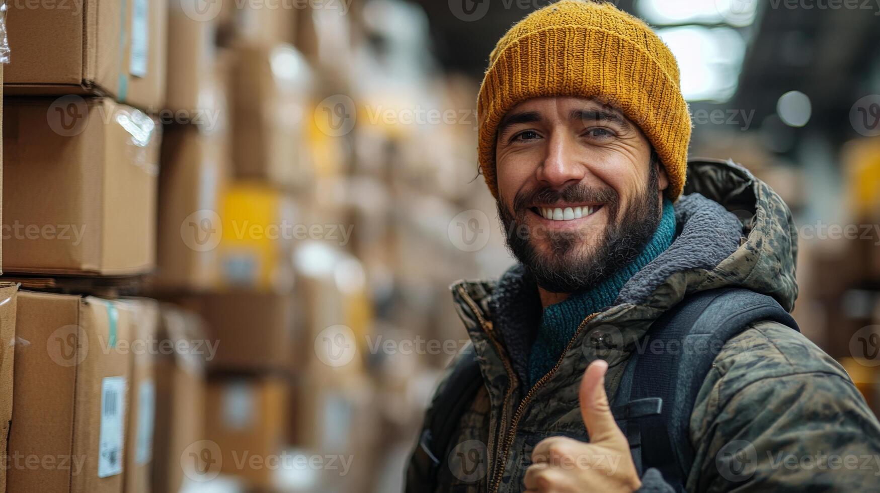 A cheerful worker in a warm hat stands in a bustling warehouse, surrounded by stacked cartons and cargo, showcasing a thumbs up to express satisfaction with the organized inventory. photo
