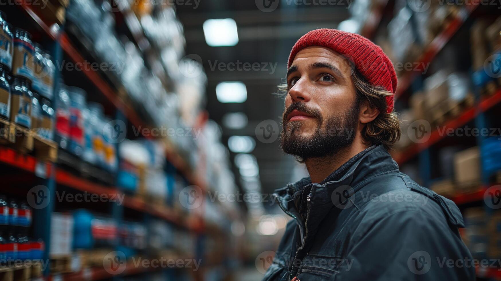 A person stands thoughtfully in an expansive warehouse, observing inventory on the high shelves. Various items are neatly organized for efficient logistics and distribution. photo
