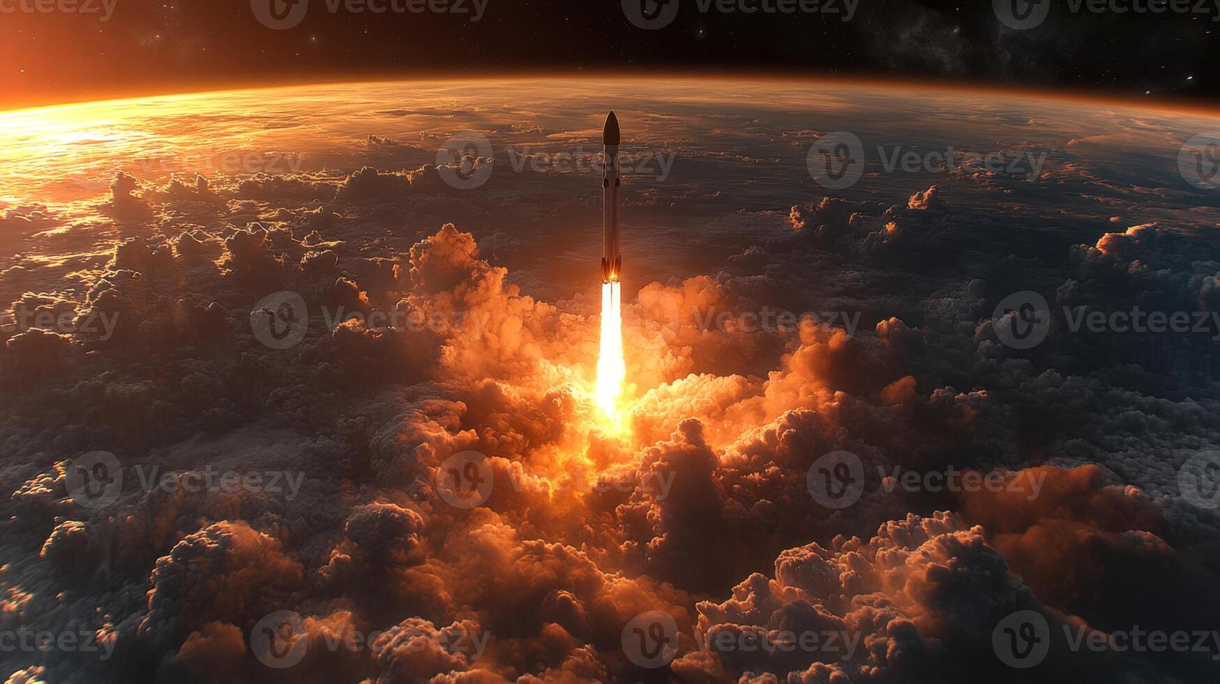 A rocket ascends into the sky, emitting bright flames as it breaks through clouds, demonstrating advanced propulsion for spaceflight and reentry recovery. photo