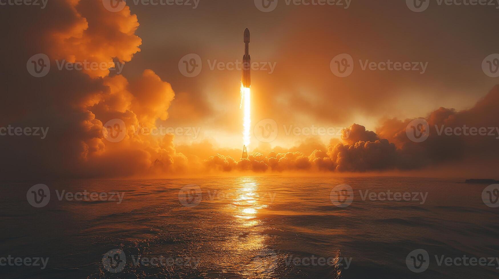 A rocket ascends into the sky at sunset, leaving a bright trail. The ocean reflects golden hues while clouds surround the launch, illustrating the power of space travel. photo