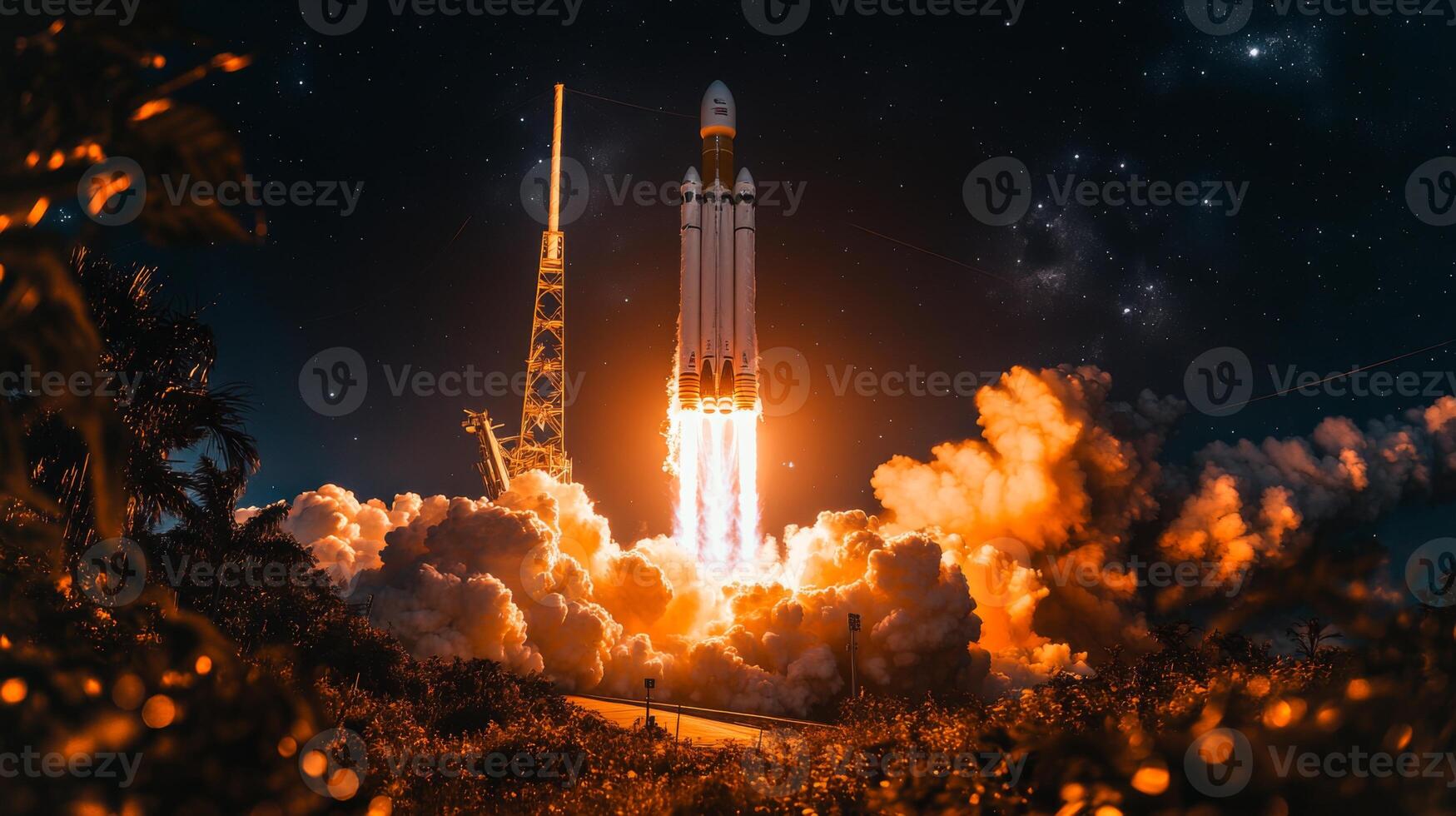 A heavy rocket launches with intense flames and smoke billowing, marking a significant moment in aerospace. The background shows a starry sky illuminating the event. photo