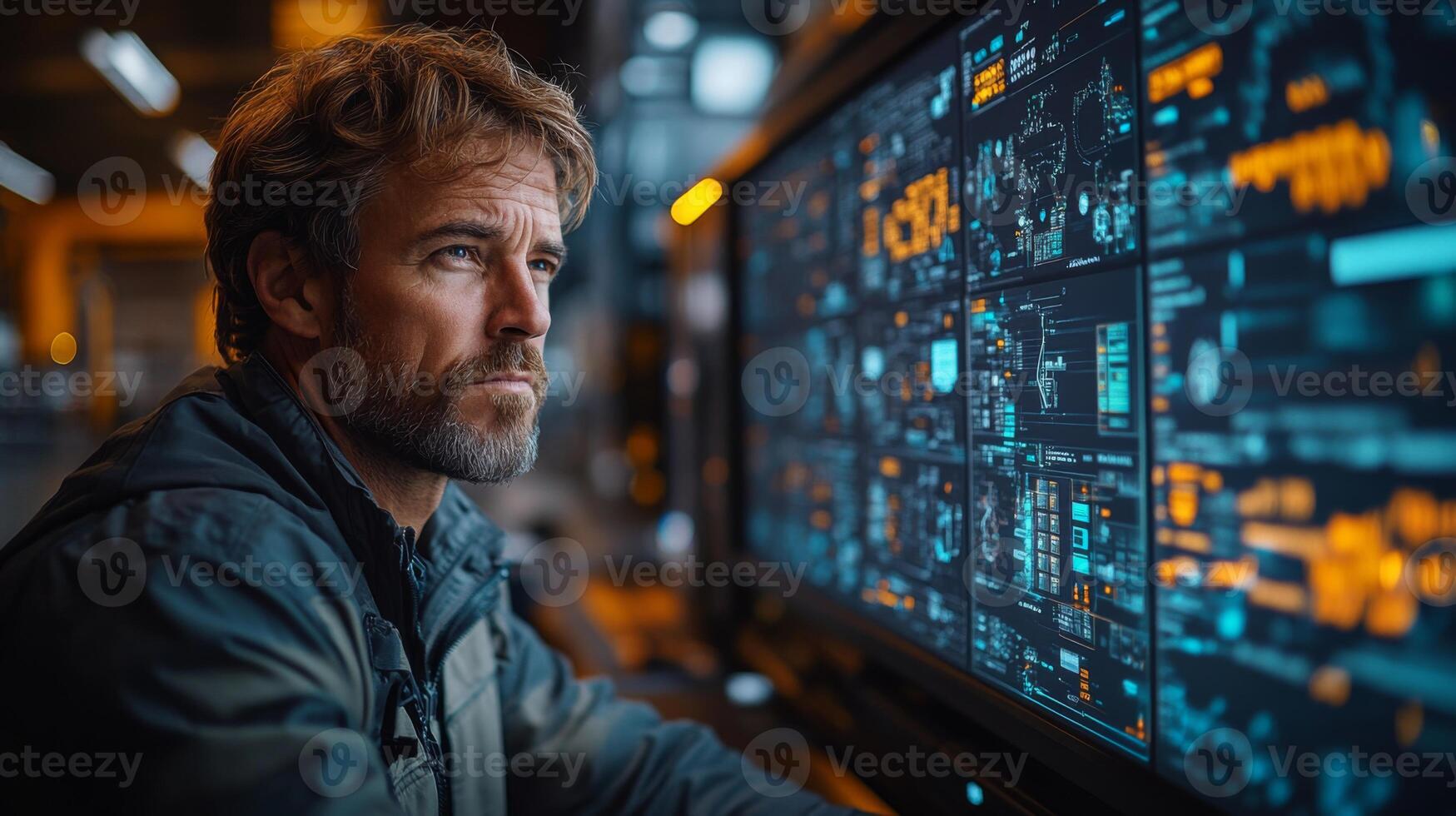 A logistics professional studies comprehensive data on multiple screens, focusing on inventory management and distribution strategies in a bustling warehouse setting during daytime hours. photo