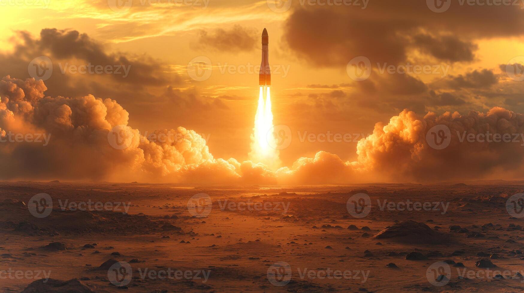 A rocket ascends rapidly, leaving a trail of fire and smoke against a stunning sunset backdrop, signaling successful liftoff and propulsion toward orbit. photo