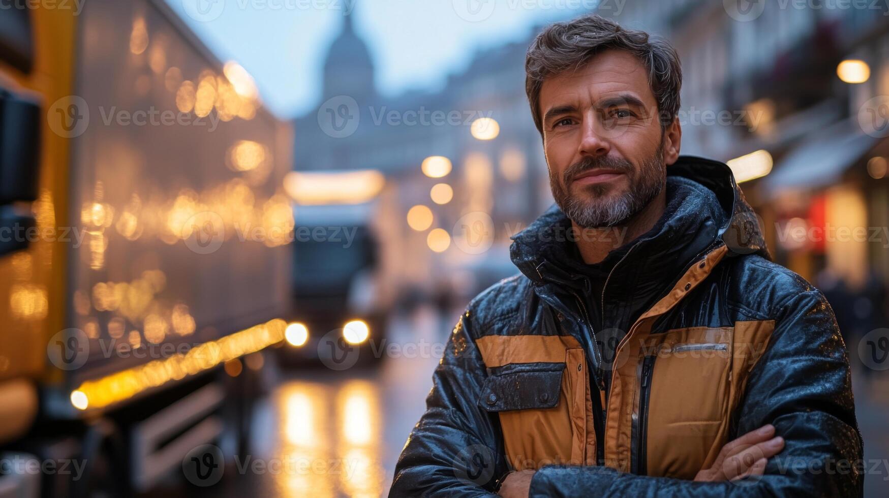 A logistics professional stands with arms crossed in a rainy outdoor warehouse setting. Delivery trucks are parked, and city buildings are blurred in the background, creating a busy atmosphere. photo