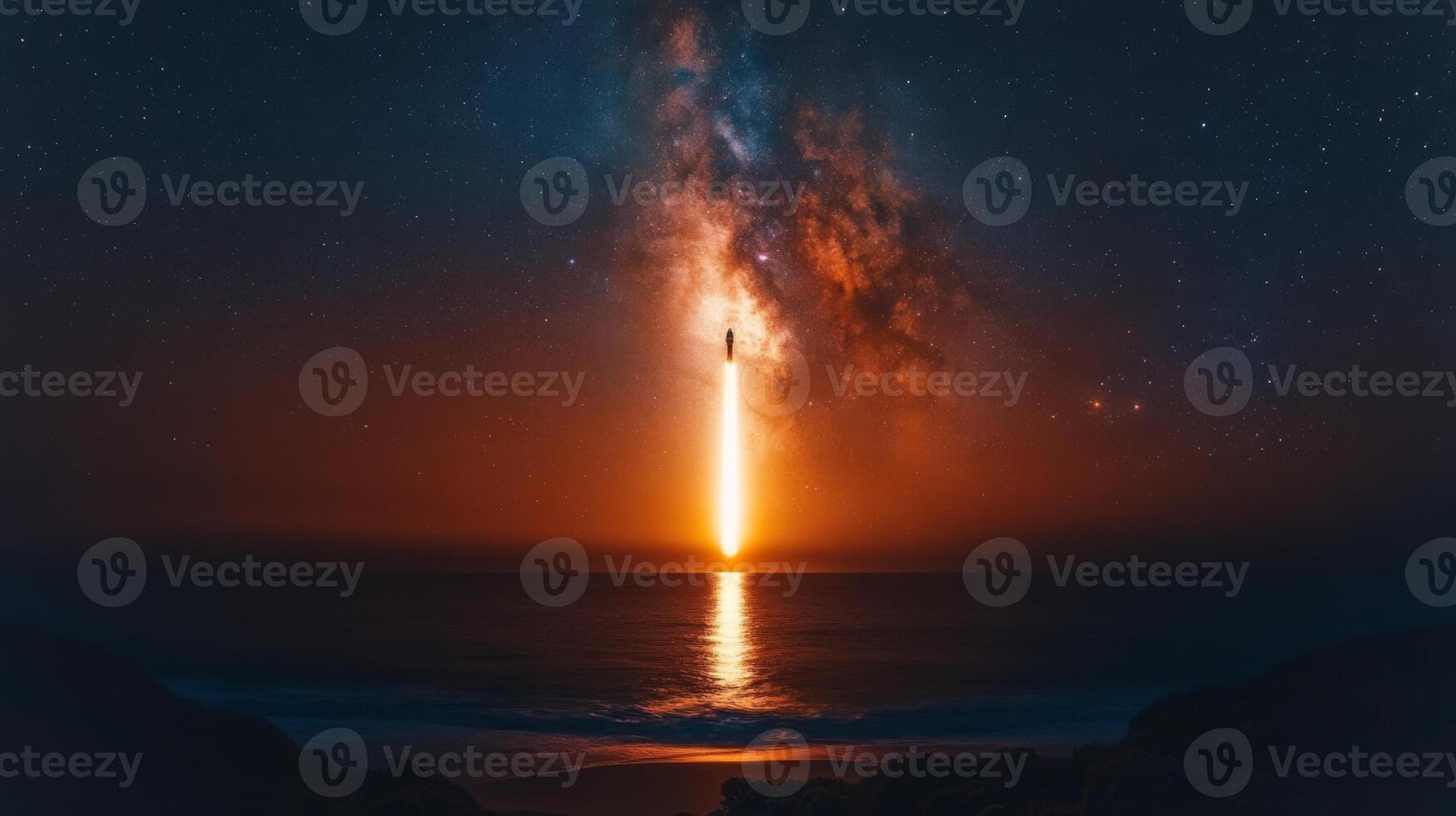 The rocket ascends into the night sky, leaving a bright trail of fire over the ocean, highlighting the power of modern aerospace technology and innovative recovery methods during launch. photo