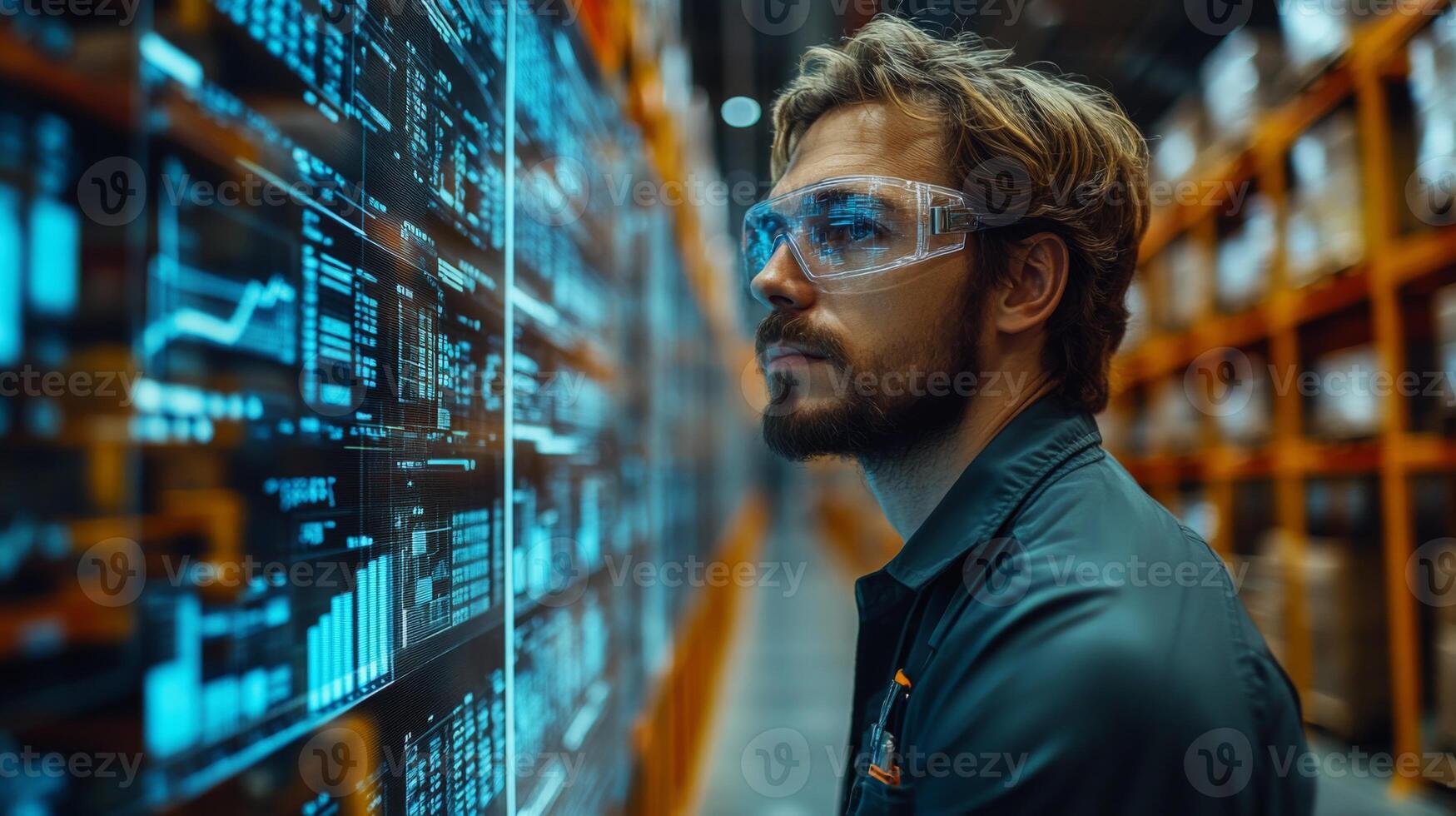 A warehouse worker reviews logistics data on a digital screen while managing inventory in a well organized distribution center. Advanced technology is utilized for efficiency. photo