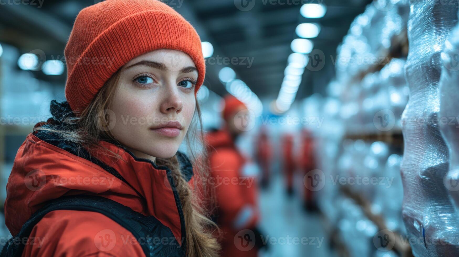 A woman wearing an orange beanie and a red jacket is actively engaged in inventory management while surrounded by workers in a busy warehouse environment. photo