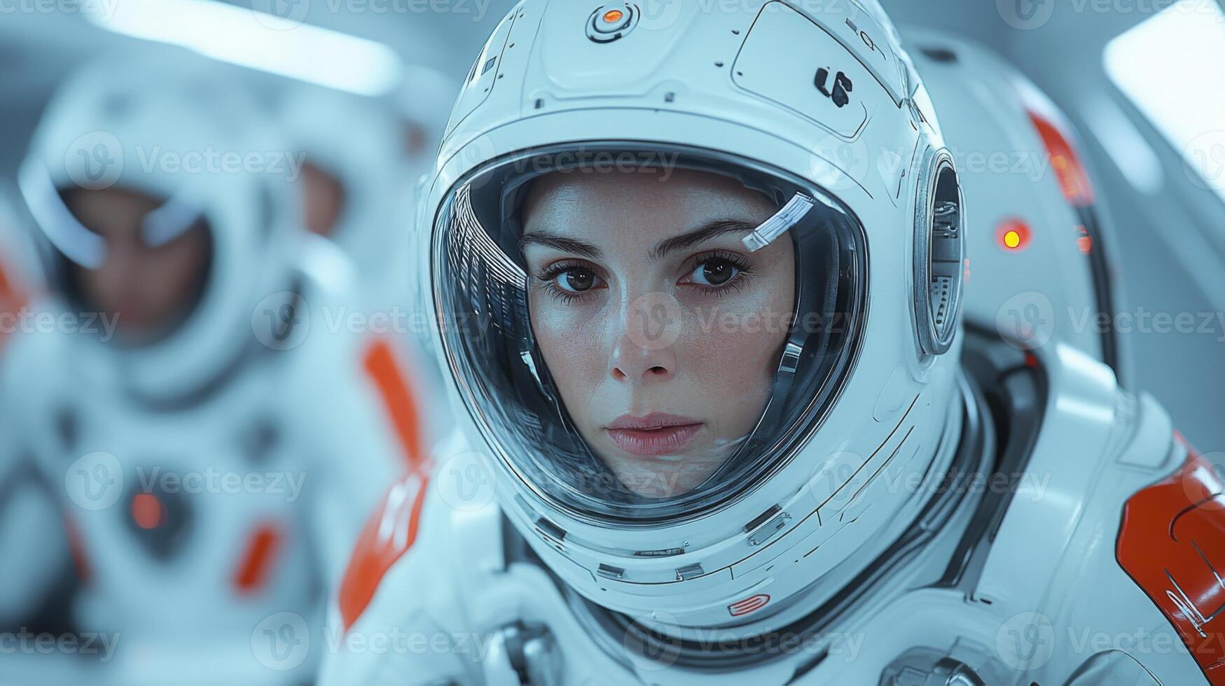 An astronaut, equipped with advanced gear, is focused and ready for an important mission. The sophisticated environment highlights the blend of technology and human determination in space exploration. photo