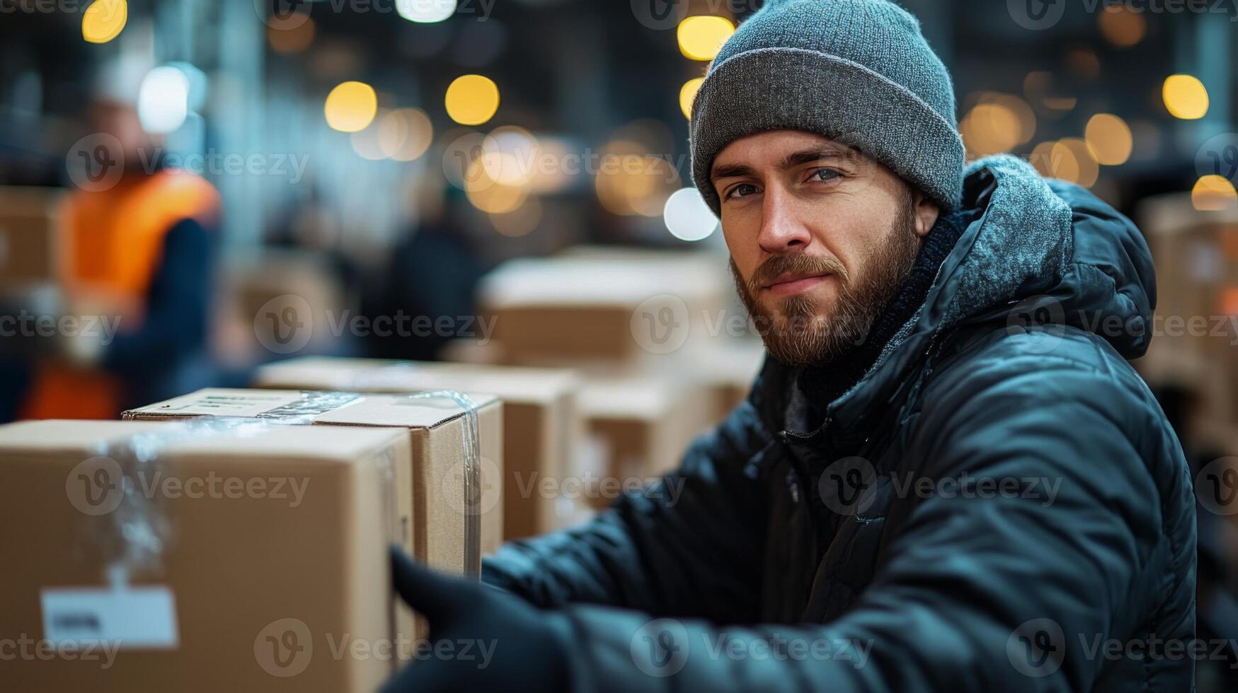 A worker sorts through various cardboard boxes in a bustling warehouse. The environment is illuminated with warm lights, highlighting the importance of logistics and inventory management. photo