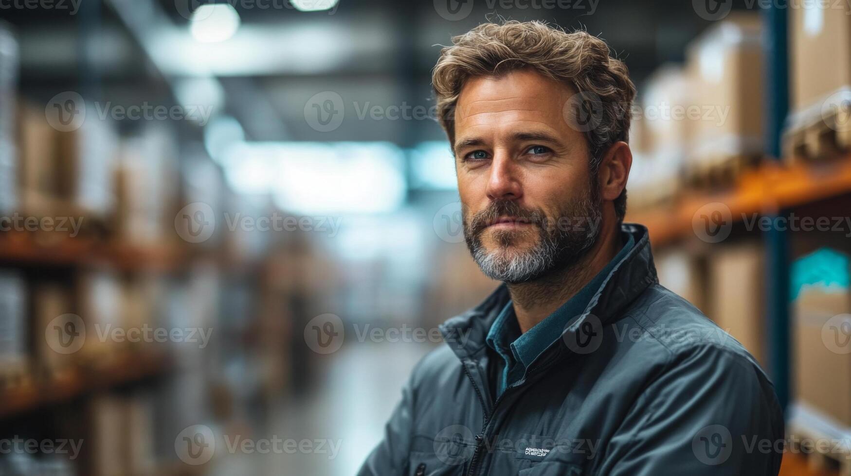A logistics expert stands confidently in a bustling warehouse filled with organized storage shelves, actively managing the distribution and inventory processes during busy hours. photo