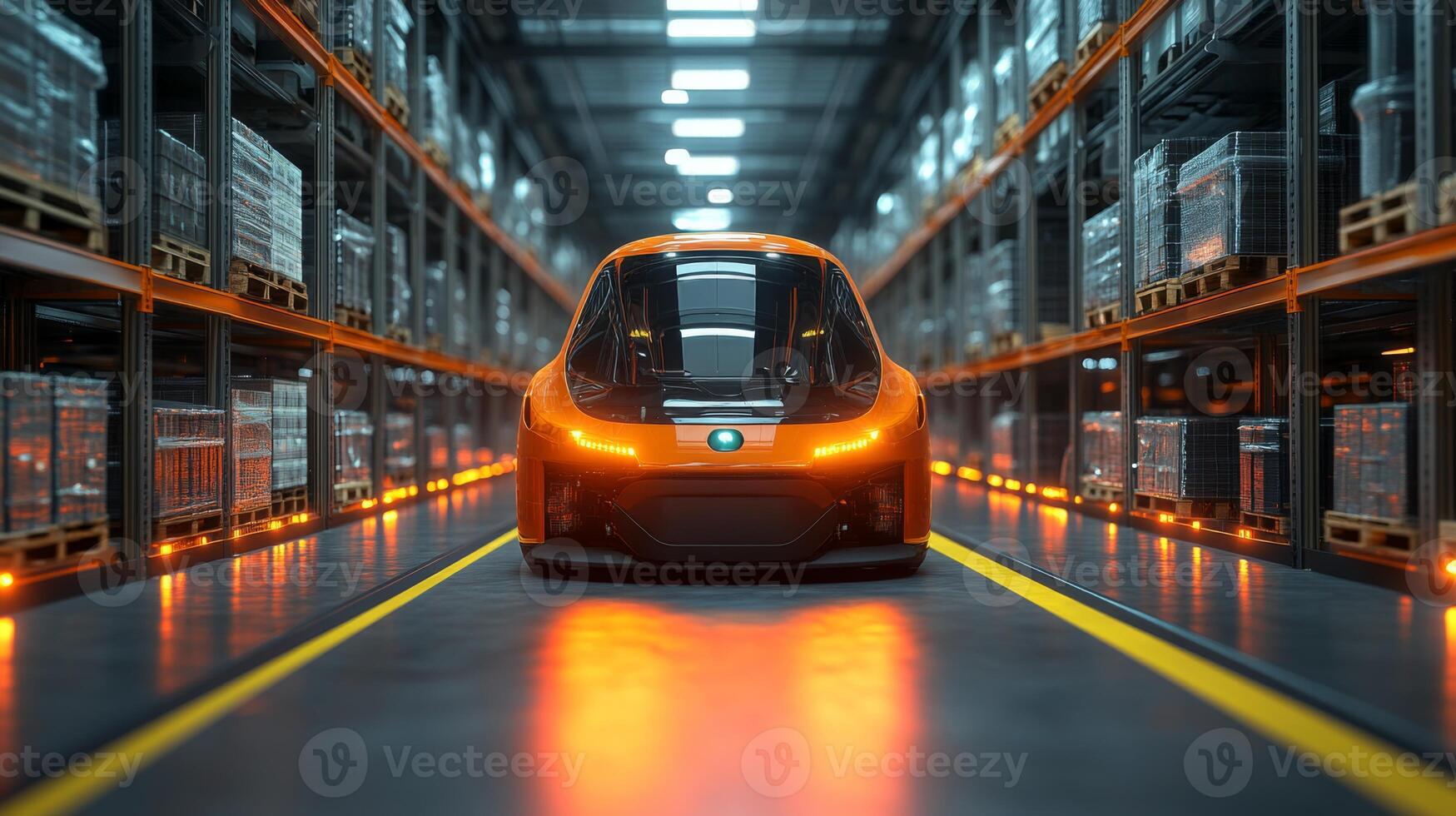 An automated vehicle moves along a well organized aisle in a modern logistics warehouse, efficiently transporting goods for streamlined inventory and distribution processes. photo