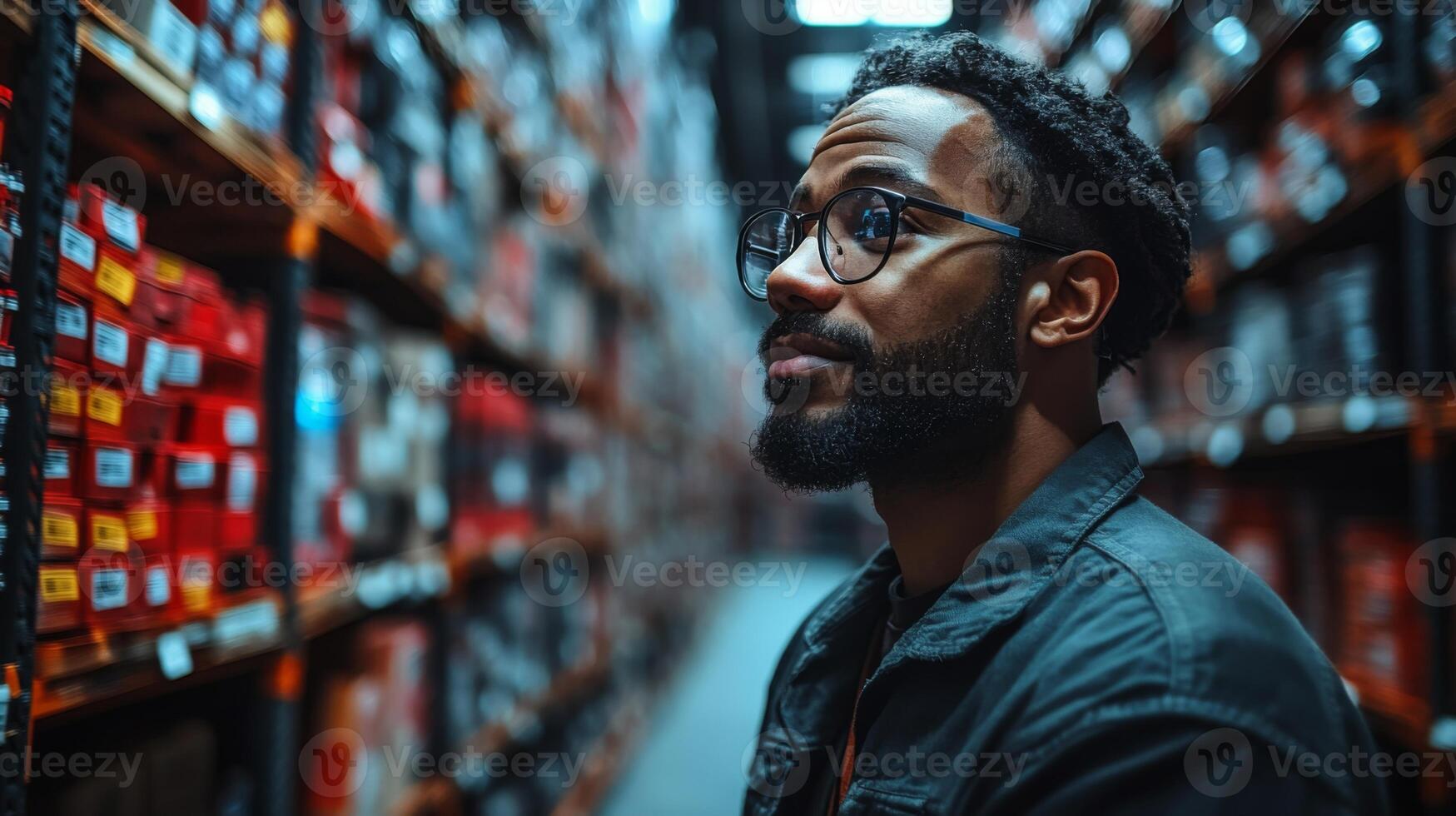 A focused individual examines inventory within a well organized warehouse filled with shelves stocked with various products. The atmosphere reflects an efficient logistical operation. photo
