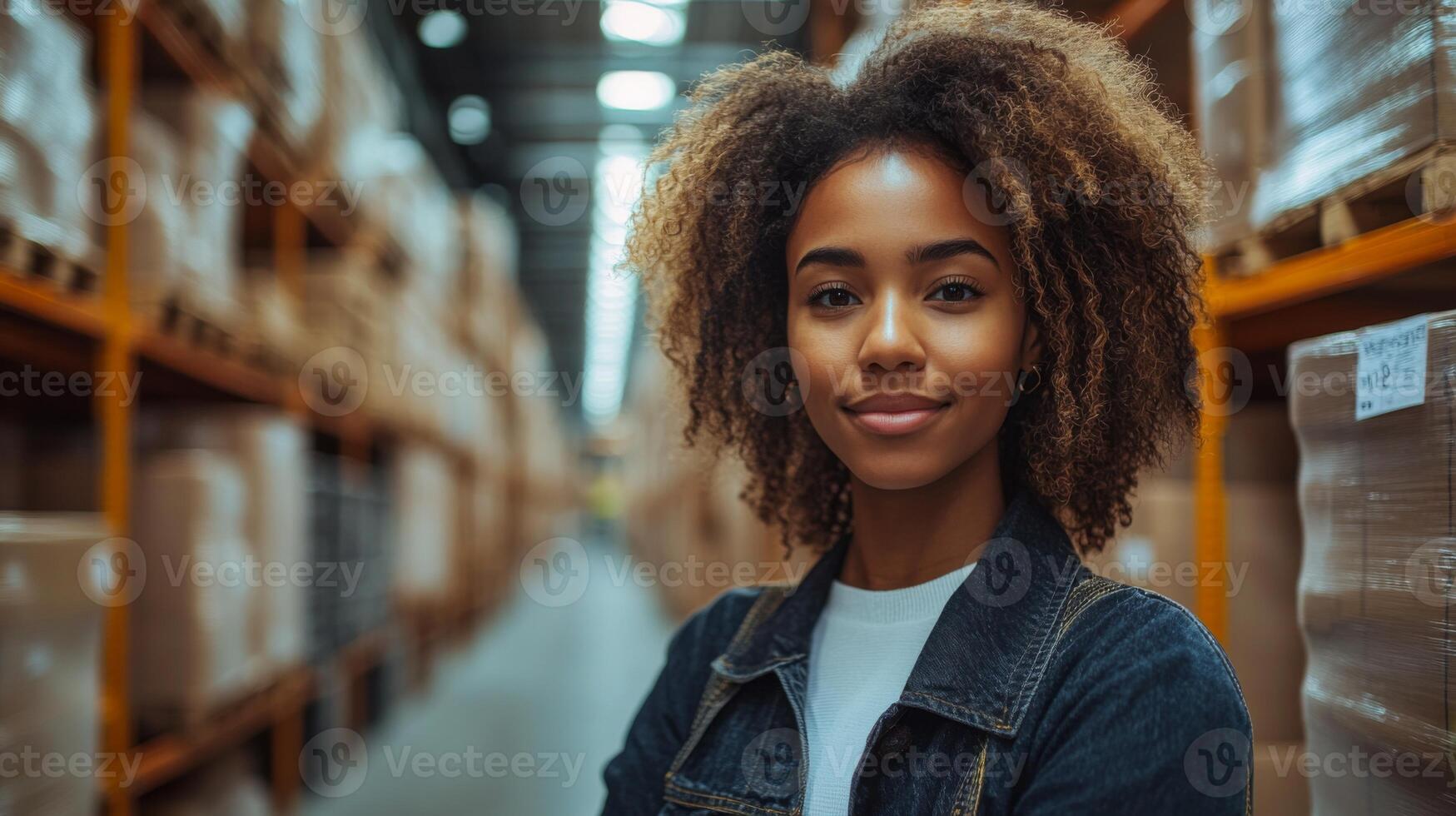 Inside a bustling warehouse, a female worker stands with confidence among shelves loaded with inventory. The space is organized and well lit, showcasing efficient logistics operations. photo