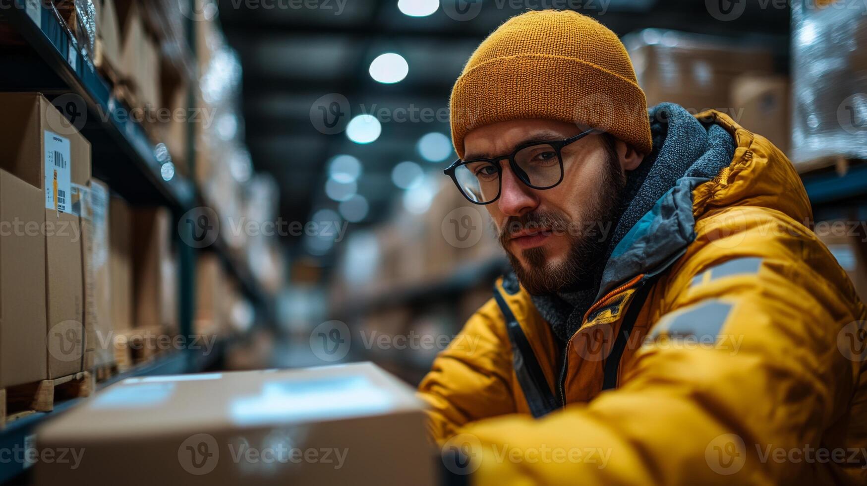 A man wearing glasses and a yellow beanie organizes cardboard boxes on a shelf in a busy warehouse, highlighting the efficient sorting and fulfillment process of inventory storage. photo