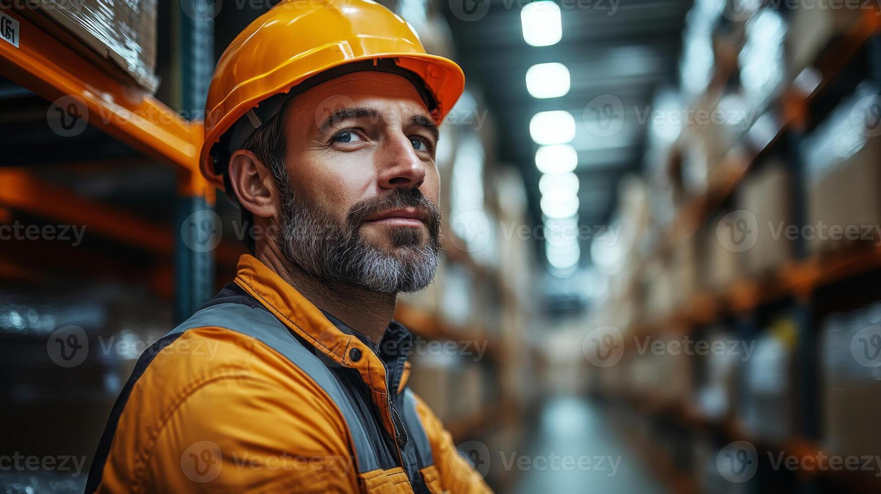 A diligent worker in an orange vest and hard hat oversees inventory in a large warehouse. Shelves filled with boxes line the aisles in a bustling logistics hub. photo