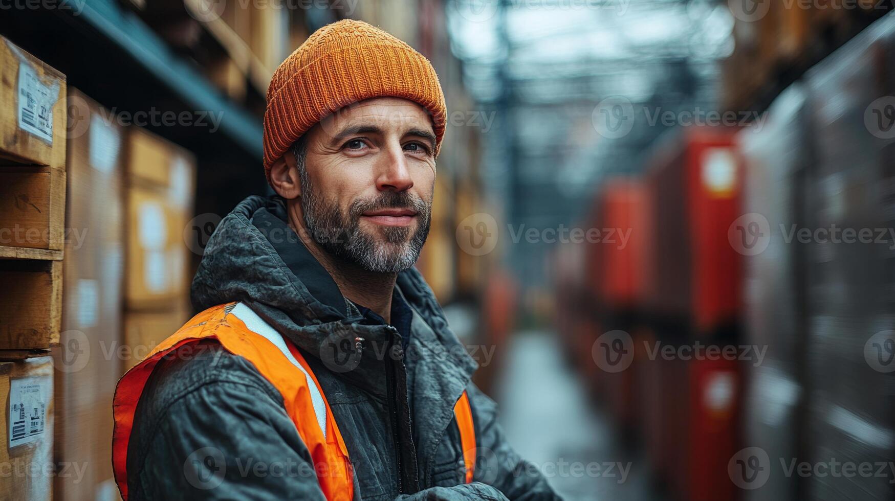A male warehouse worker in a bright orange beanie and reflective vest poses confidently among shelves filled with stored inventory, ensuring efficient operations at a logistics distribution center. photo