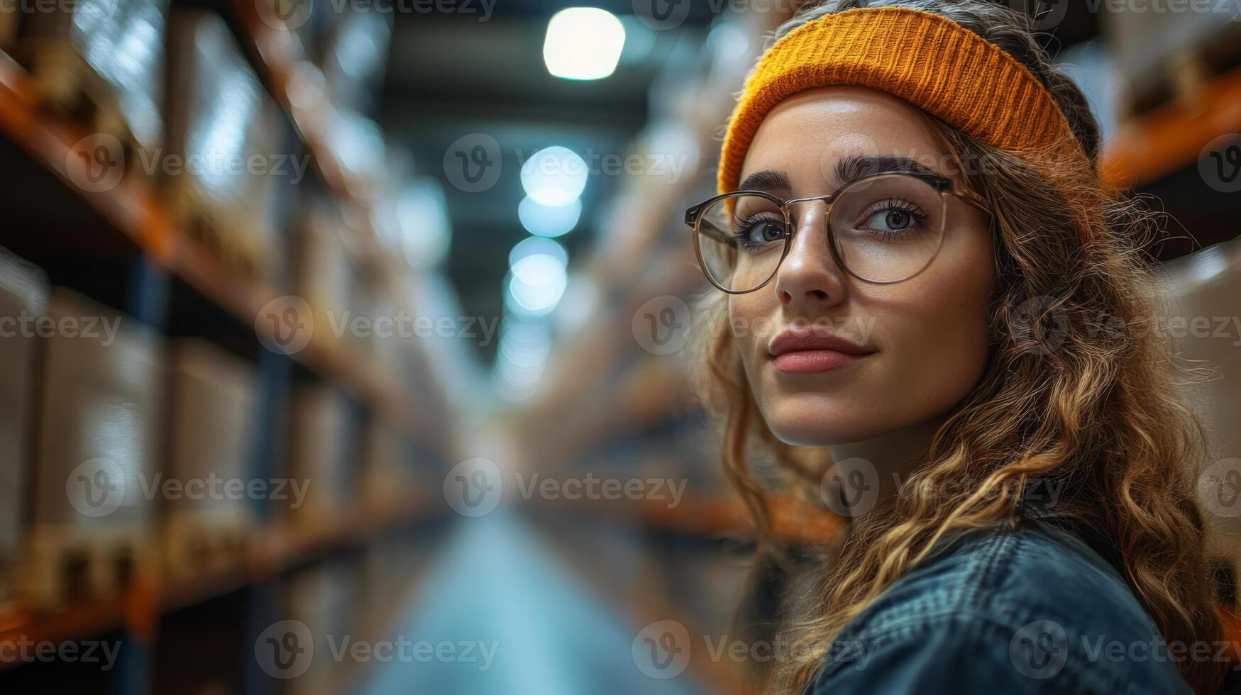 A person with curly hair and glasses stands in a warehouse, surrounded by tall shelves filled with boxes. They look thoughtful while reviewing inventory in a sorting area. photo