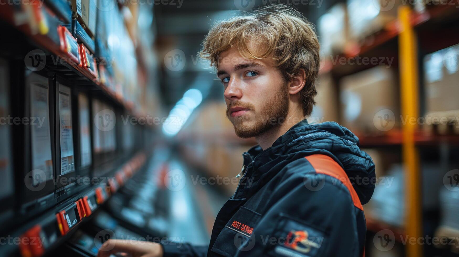 A young worker checks inventory on a digital screen in a busy warehouse. Boxes line the shelves, showcasing the logistics and sorting process in action. photo