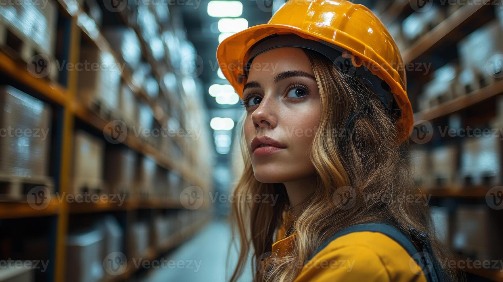 A skilled worker in a bright yellow safety helmet inspects shelves filled with packaged goods in a large warehouse. The atmosphere is focused and efficient, crucial for order fulfillment. photo