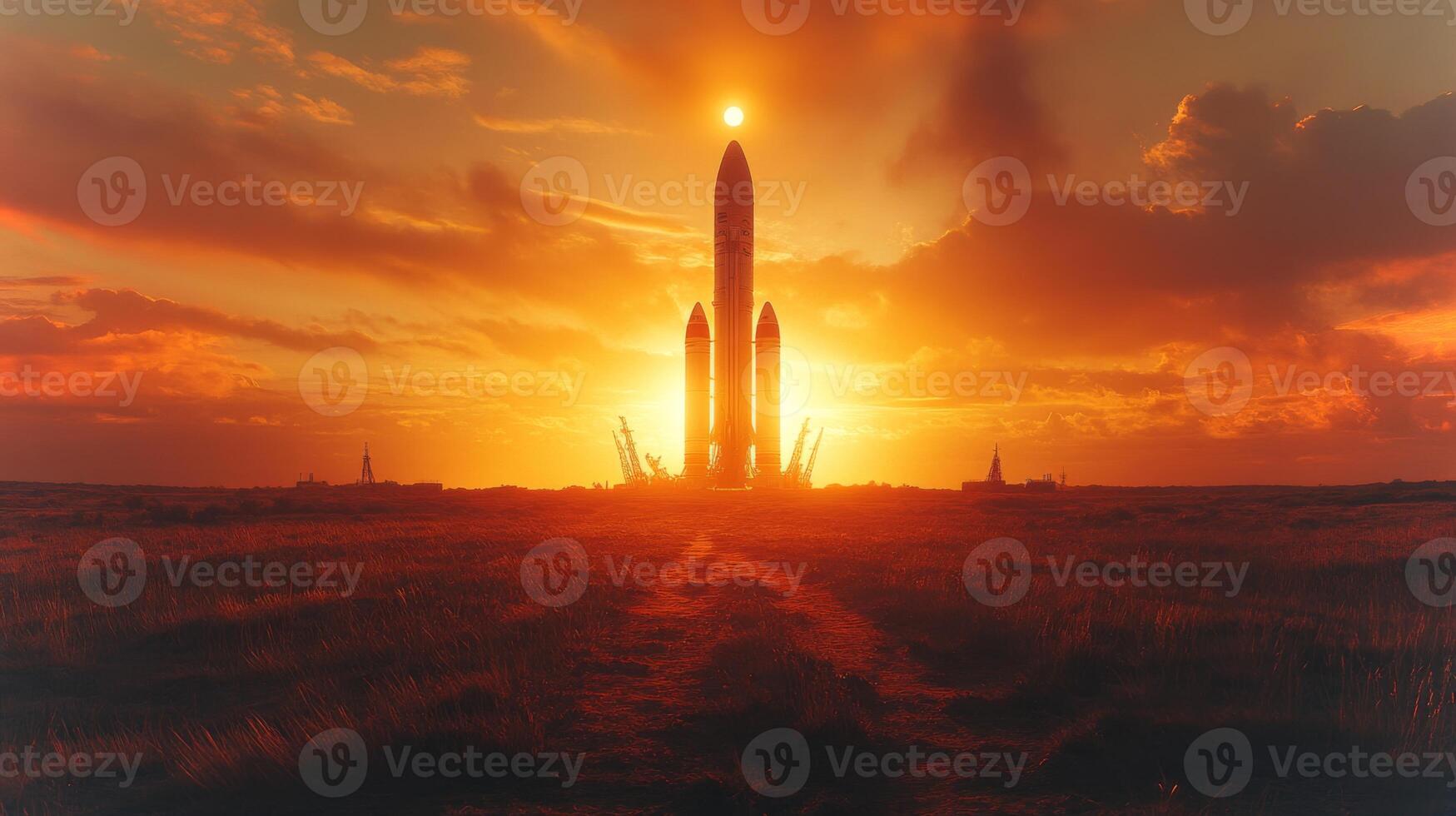 A powerful rocket stands poised for launch as the sun sets dramatically behind it, illuminating the scene with warm hues. Ground crews ensure readiness for the space mission. photo
