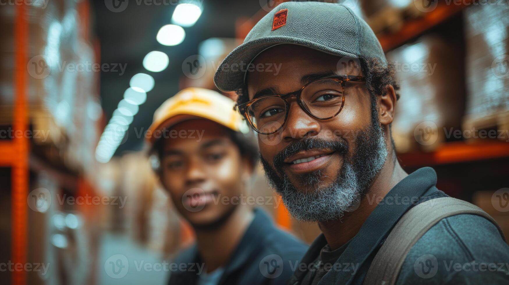 Two men are smiling in a warehouse filled with stacked pallets while engaging in logistics and inventory tasks, demonstrating professionalism in a busy distribution environment. photo