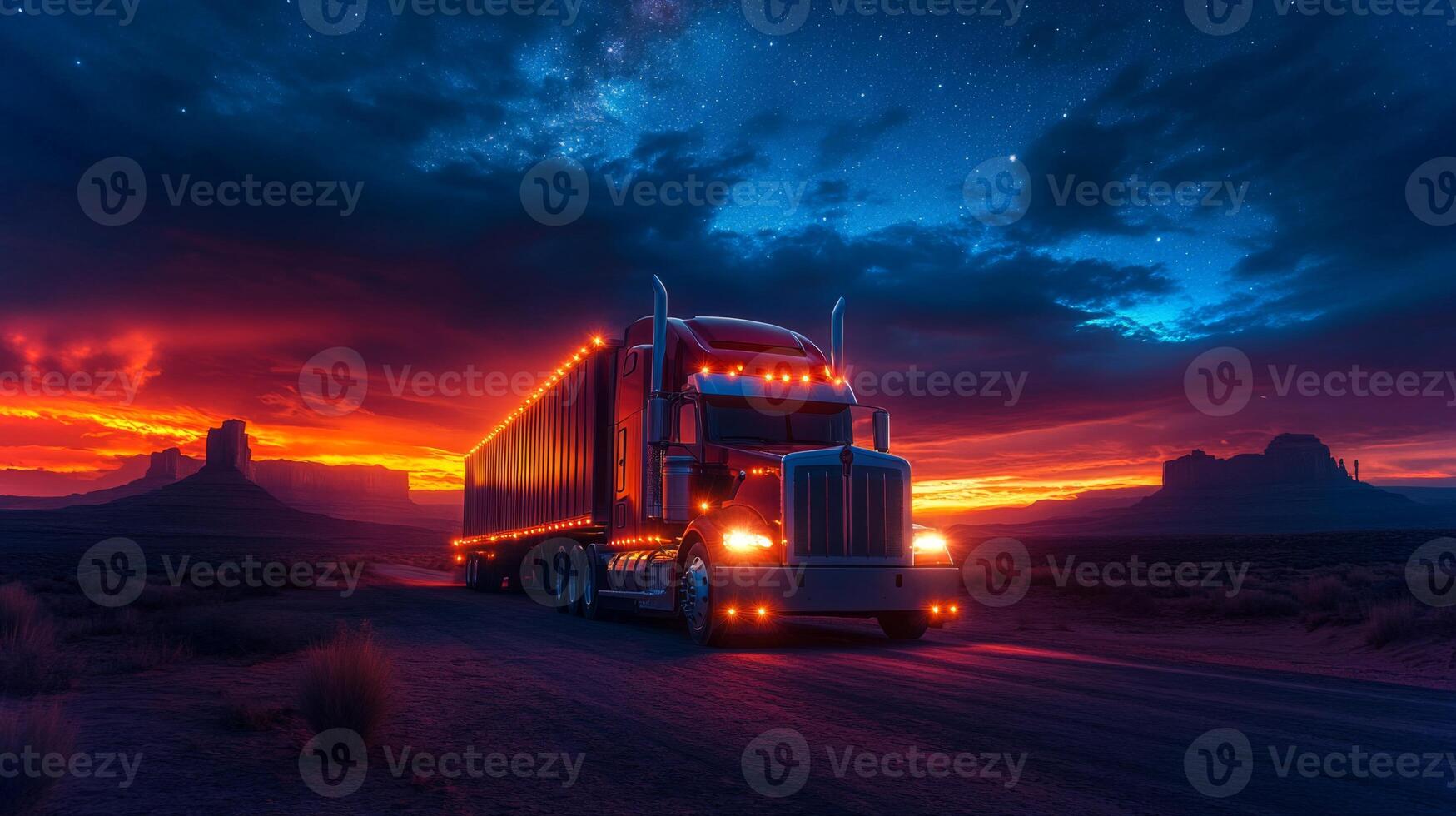 A large truck loaded with freight drives along a winding road during sunset, surrounded by beautiful desert scenery and dramatic cloud formations, emphasizing logistics operations. photo