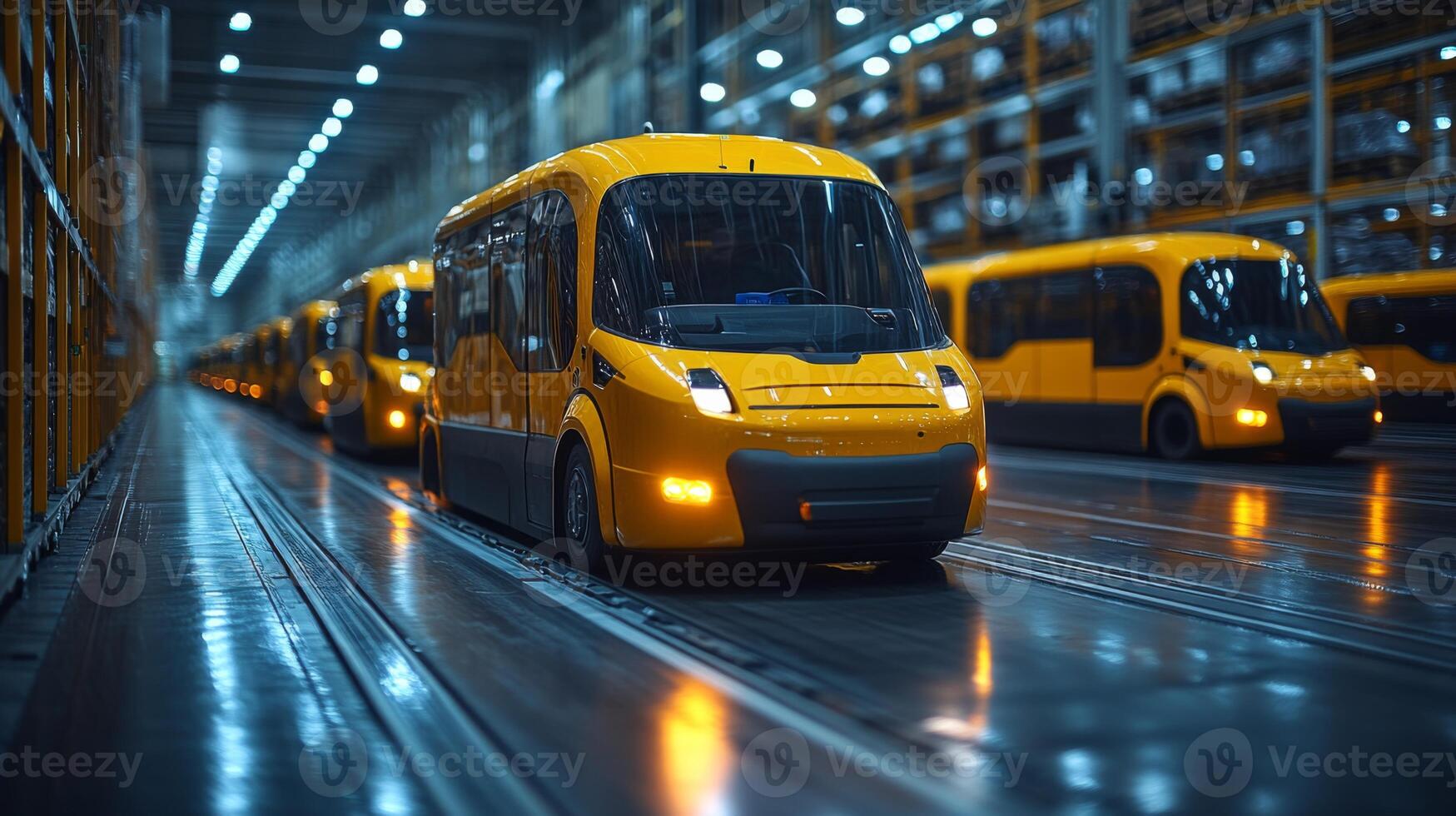 Automated yellow transport vehicles maneuver through a spacious warehouse, effectively relocating cargo and managing inventory in a high efficiency logistics environment. photo
