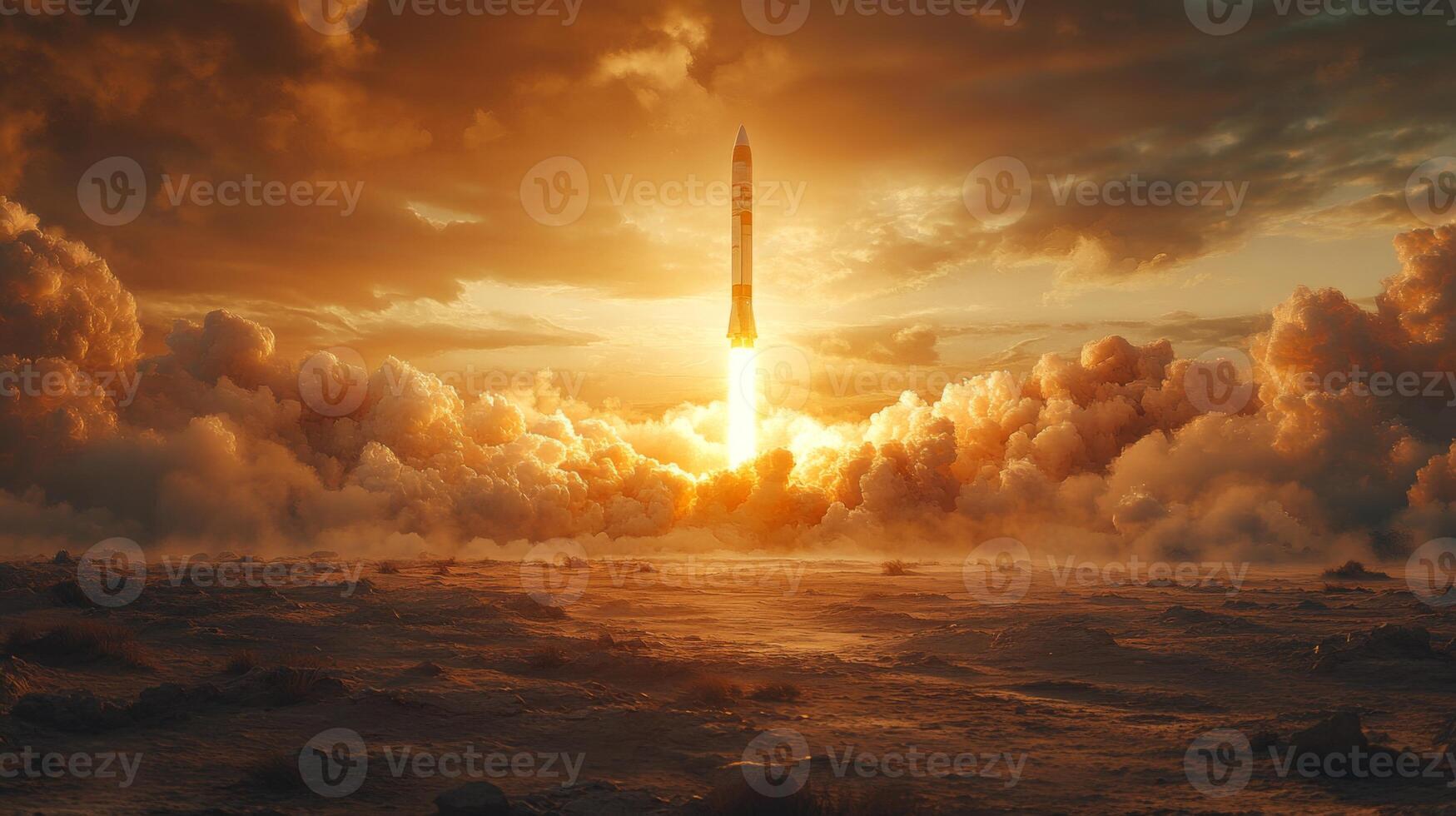 A rocket propels upward against a backdrop of colorful clouds during sunset, showcasing the power of propulsion and the potential of spaceflight. photo