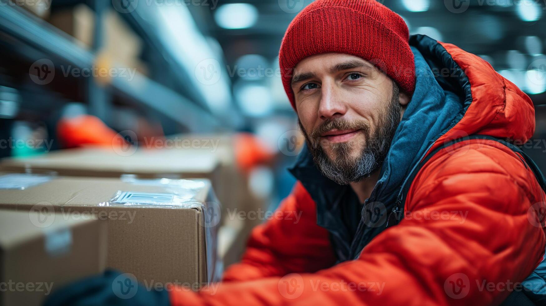Focus is on a worker sorting packages in a large warehouse. The warehouse is well lit and organized, with shelves filled with boxes ready for distribution. photo