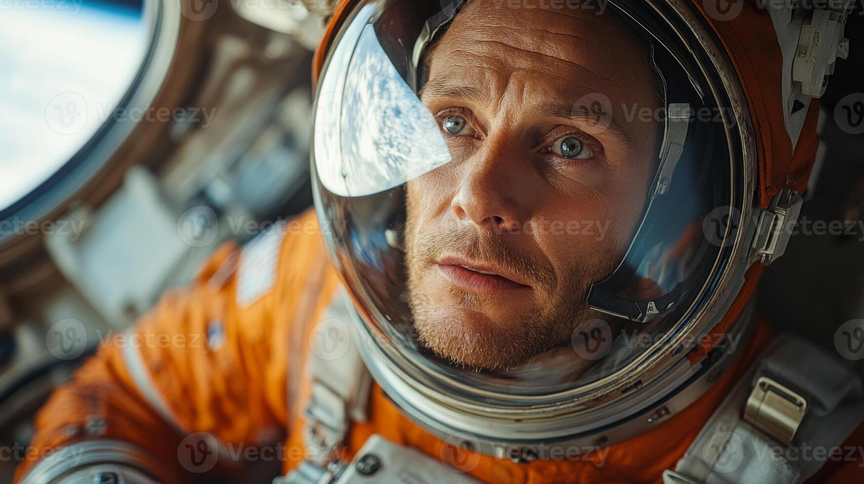 Astronaut wearing an orange spacesuit examines control panels and monitors inside a spacecraft, engaged in critical tasks during a space mission. photo
