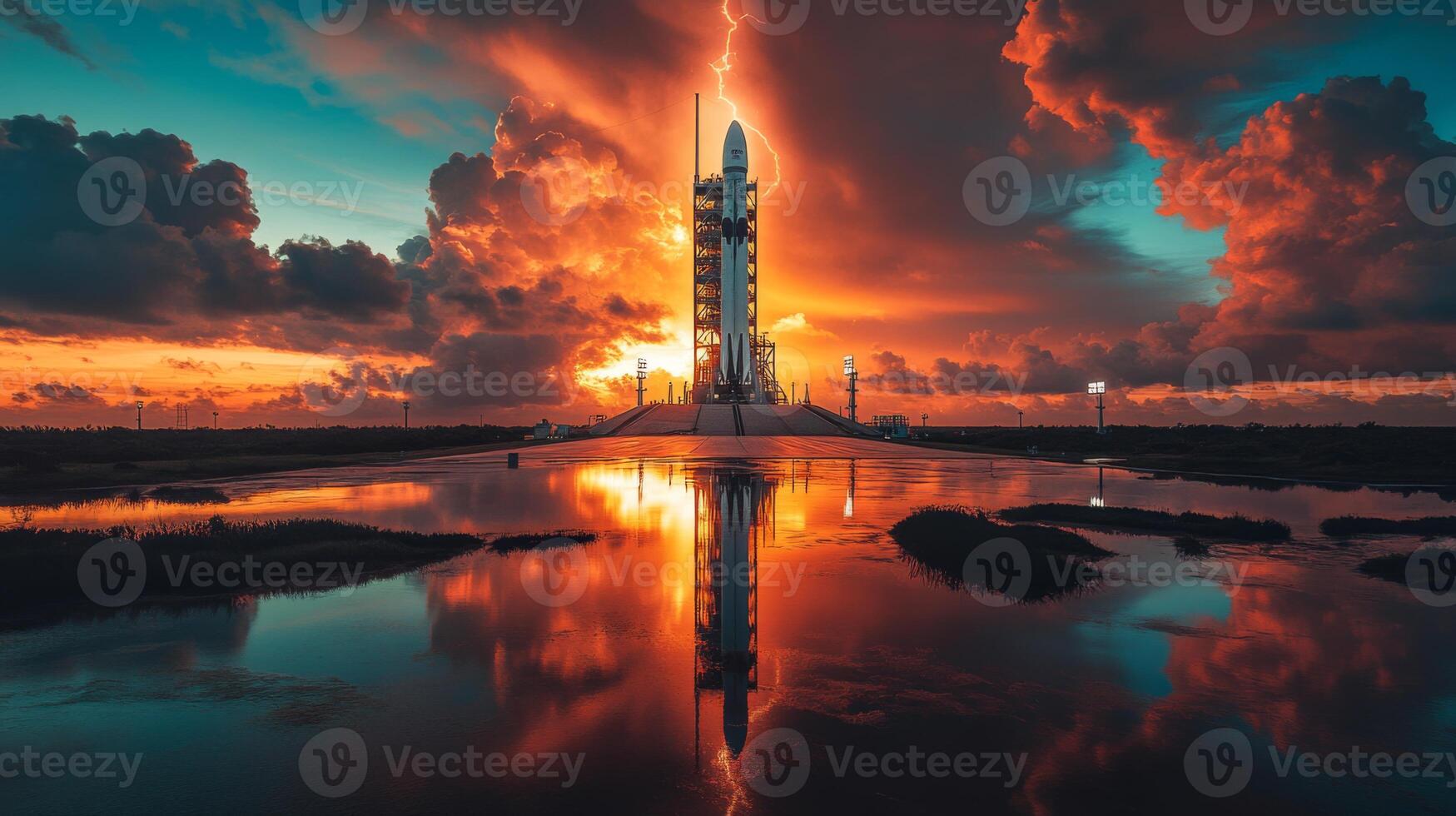 A rocket is poised on its launch pad under a dramatic sunset. Storm clouds gather as lightning streaks across the sky, preparing for an upcoming spaceflight and propulsion test. photo