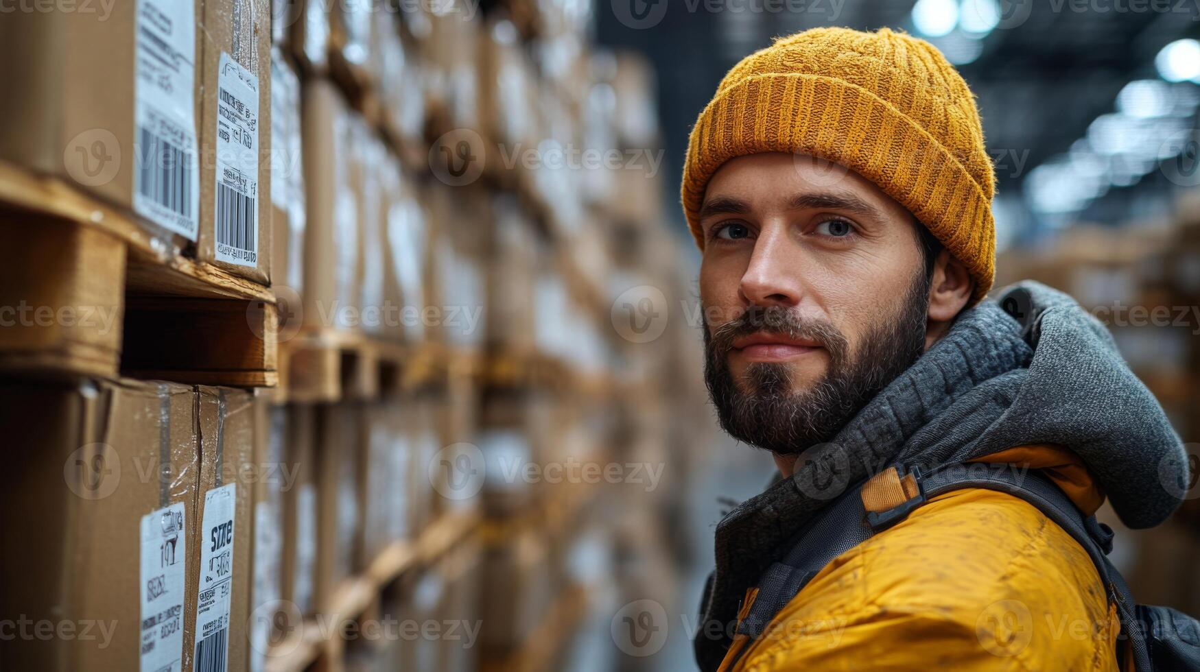 A warehouse worker is efficiently managing inventory in a distribution center filled with stacked cardboard boxes, ensuring smooth logistics and cargo handling during peak hours. photo