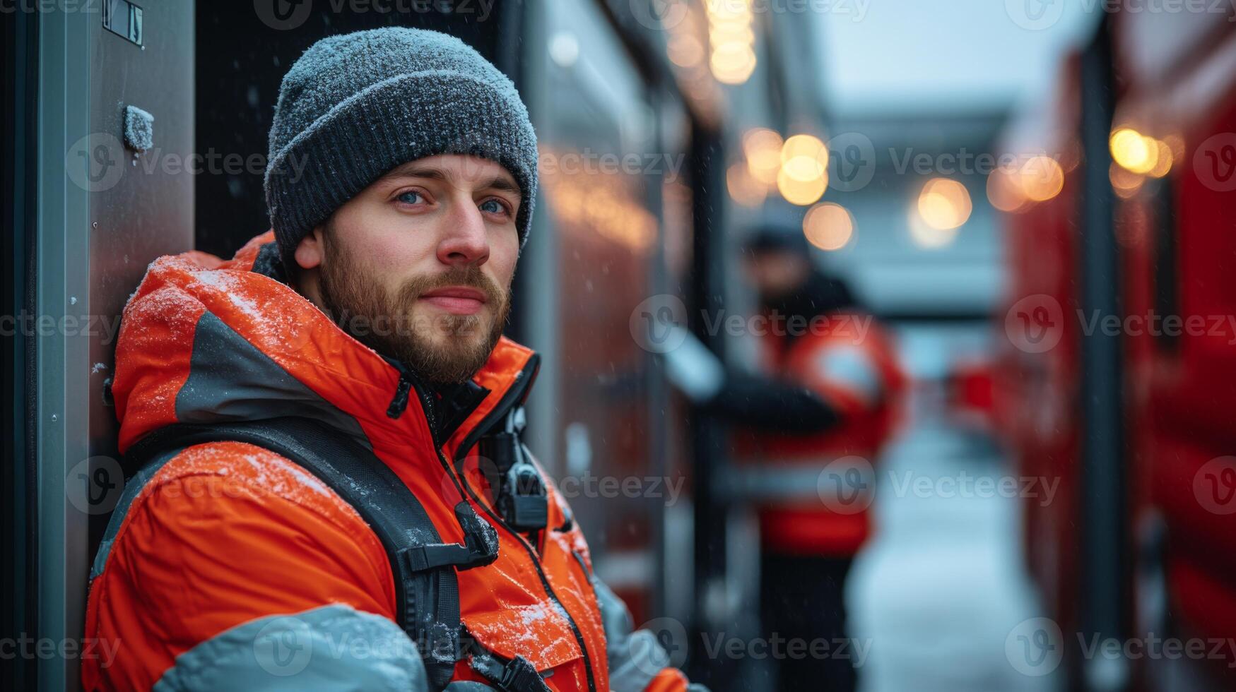 In a bustling distribution hub amidst cold weather, workers are actively managing inventory and sorting packages, showcasing the dynamic logistics operations in action. photo
