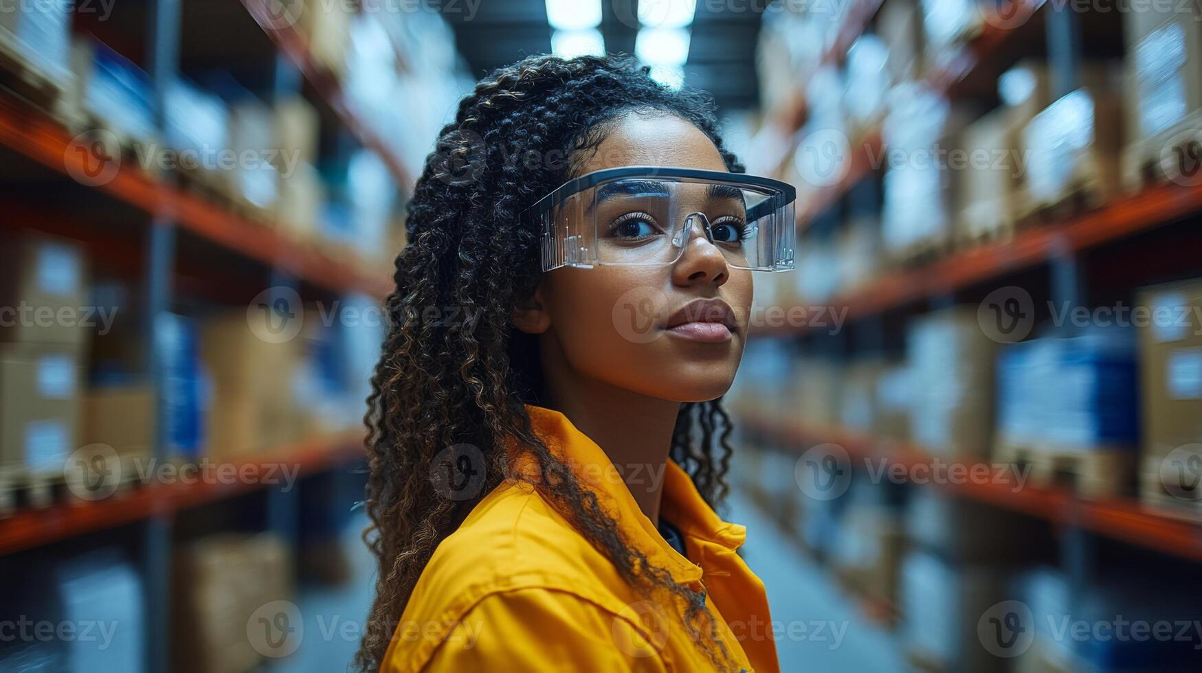 A dedicated worker in a bright orange jacket and safety glasses supervises inventory and logistics in a warehouse for efficient distribution. photo