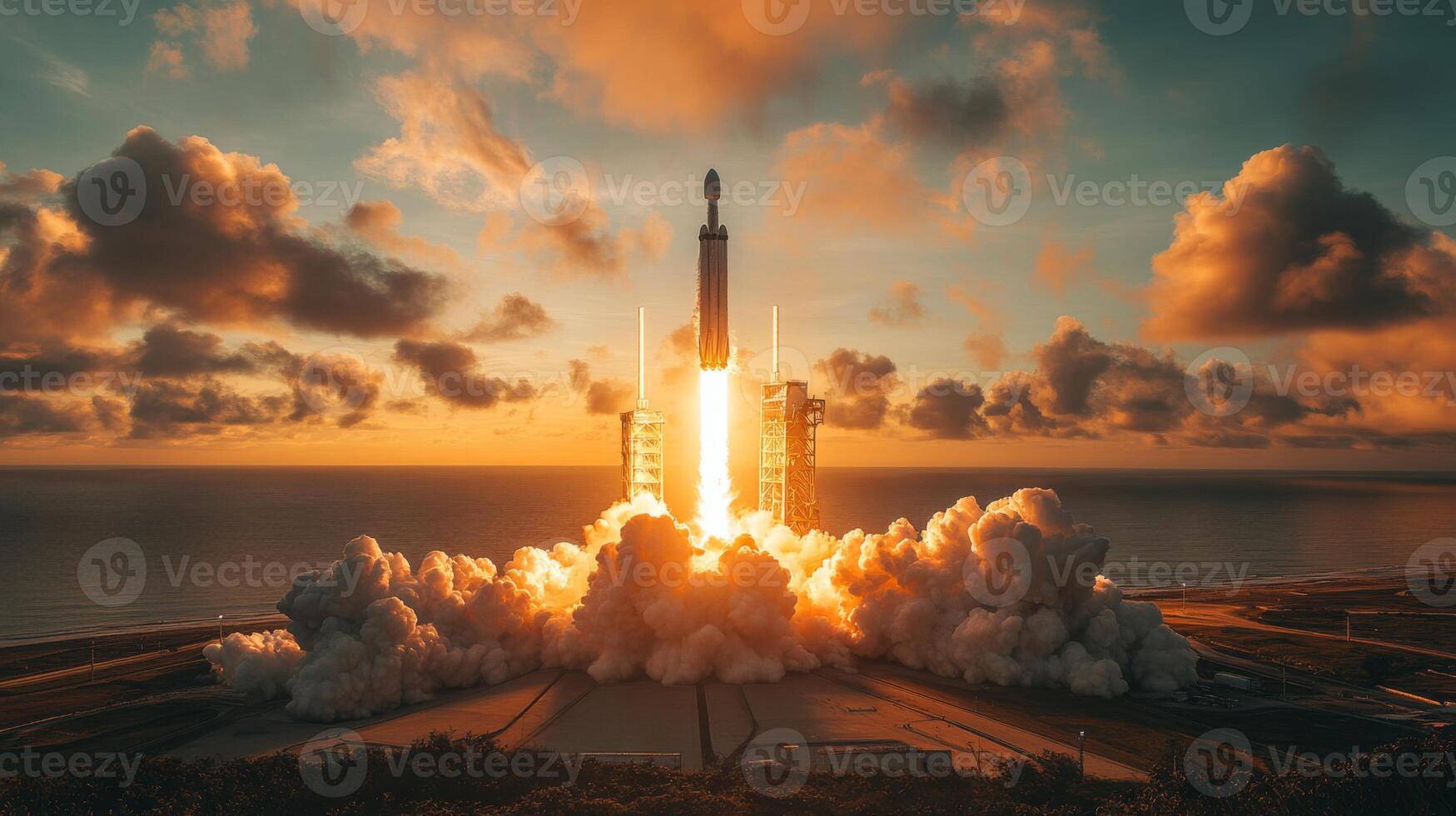 Rocket lifts off from launch pad as flames and smoke billow around it, illuminating the evening sky while marking the beginning of an important mission in aerospace. photo