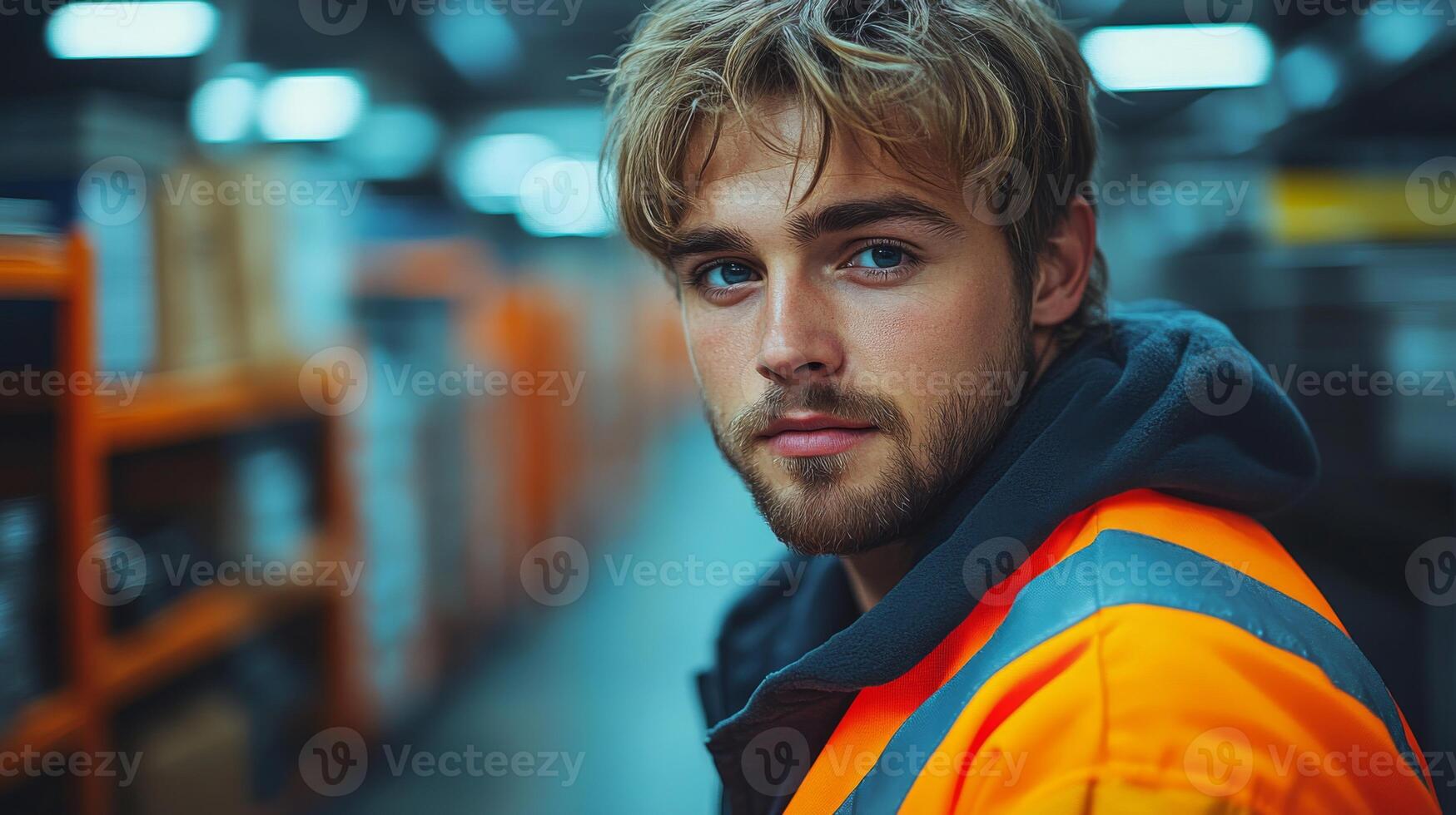 A young man wearing a safety jacket is focused on organizing stock in a busy warehouse. The facility is filled with shelves and boxes, highlighting the importance of efficient logistics. photo